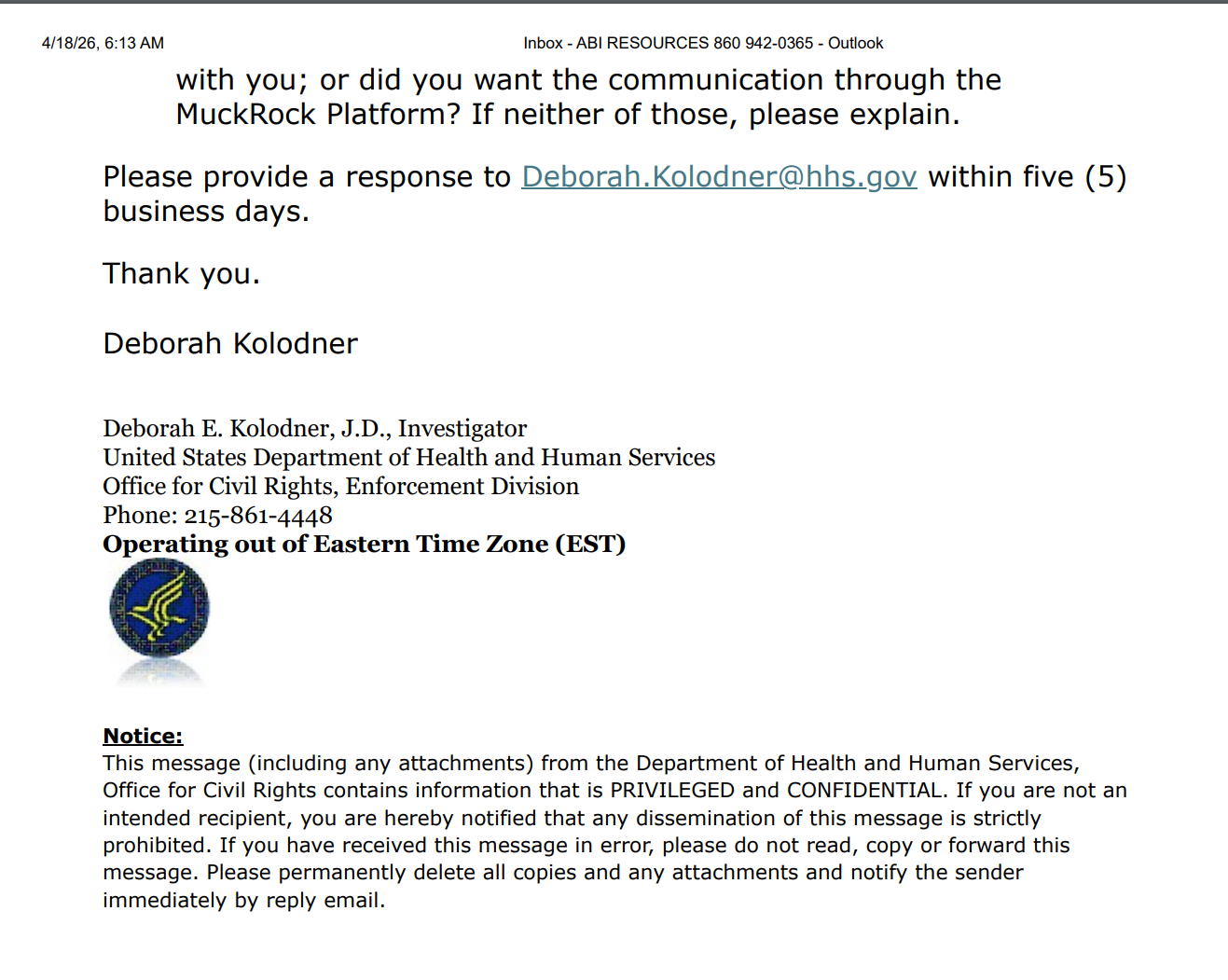 Archived evidence image: 4/18/26, 6:13 AM Inbox - ABI RESOURCES 860 942-0365 - Outlook with you; or did you want the communication through the MuckRock Platform? . Automated OCR excerpt; verify against the source image.