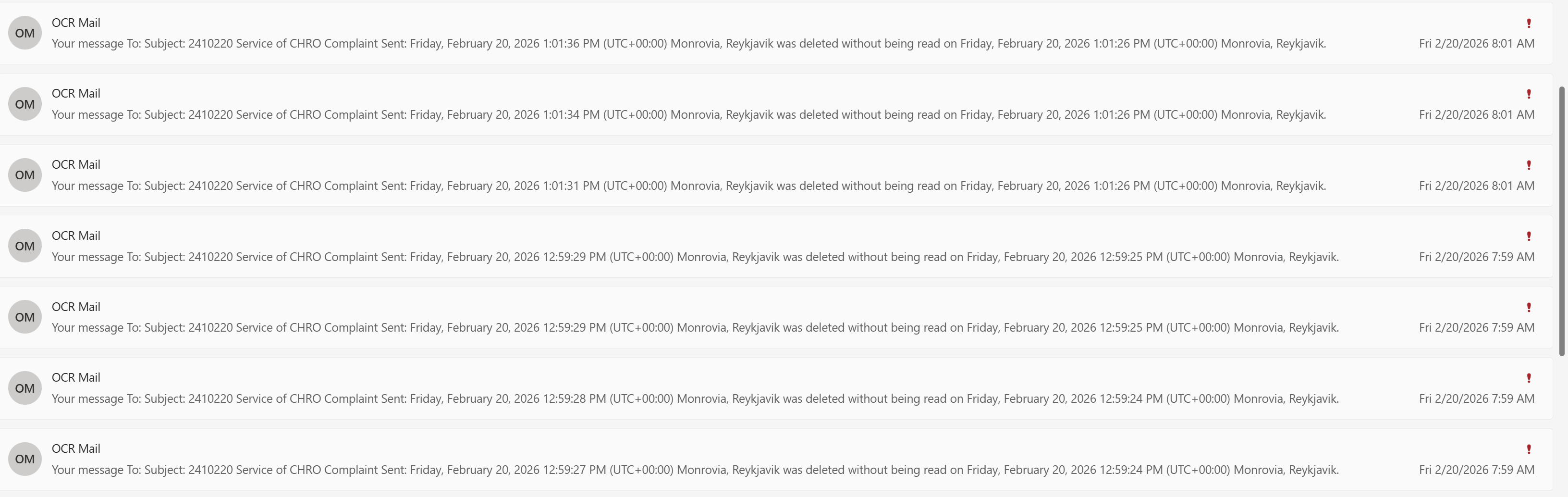 Archived evidence image: OCR Mail ! OM Your message To: Subject: 2410220 Service of CHRO Complaint Sent: Friday, February 20, 2026 1:01:36 PM (UTC+00:00) Monrovia, Reykjavik was deleted without being read on Friday, February 20, 2026 1:01:26 PM…. Automated OCR excerpt; verify against the source ima…