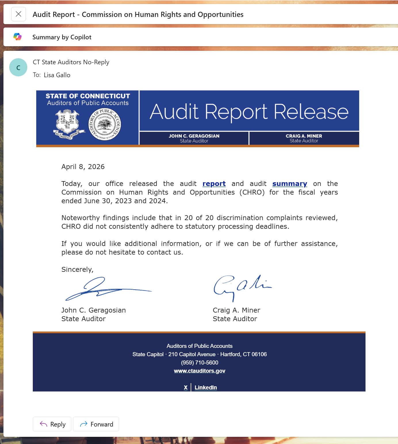 Archived evidence image: X Audit Report - Commission on Human Rights and Opportunities [/ Summary by Copilot c CT State Auditors No-Reply To: Lisa Gallo STATE OF CONNECTICUT Auditors of Public Accounts ' » PULL 8 2 | Audit Report Release fo ANA…. Automated OCR excerpt; verify against the source ima…