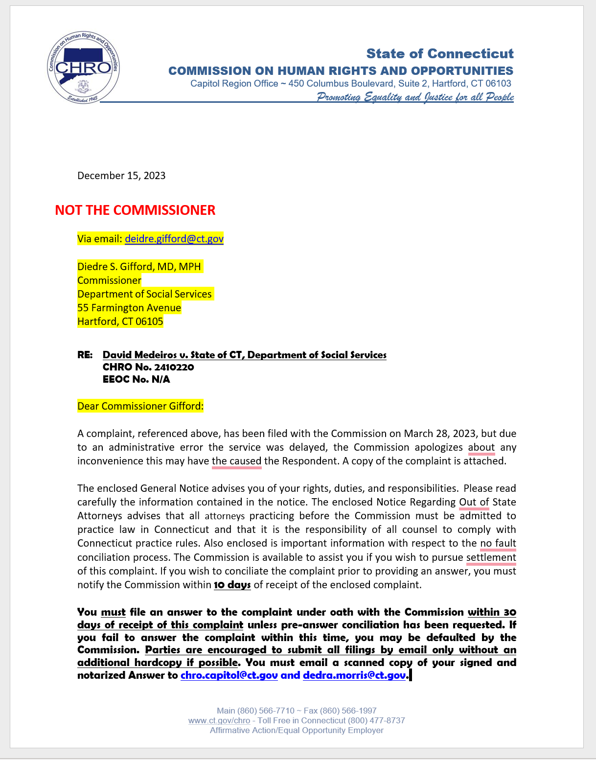 Archived evidence image dated 2023-12-16: SoU ki 2 State of Connecticut H 2 N o COMMISSION ON HUMAN RIGHTS AND OPPORTUNITIES Capitol Region Office ~ 450 Columbus Boulevard, Suite 2, Hartford, CT 06103 Se Promoting Equality and Justice for all People December 15…. Automated OCR excerpt; verify again…