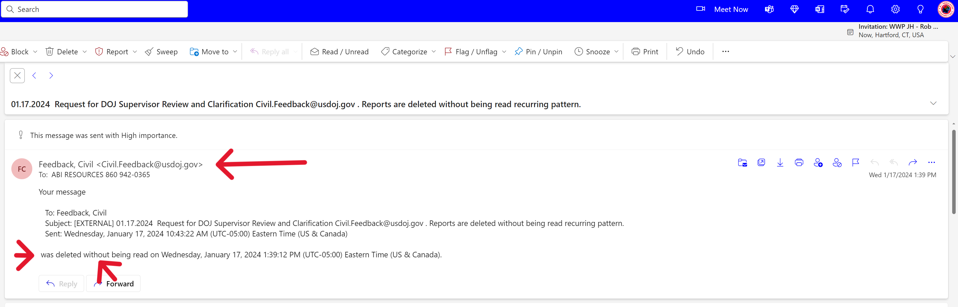 Archived evidence image dated 2024-01-17: = werow ® 9 @ 5 0 8 0 0 __ Invitation: WWP JH - Rob ... . Automated OCR excerpt; verify against the source image.