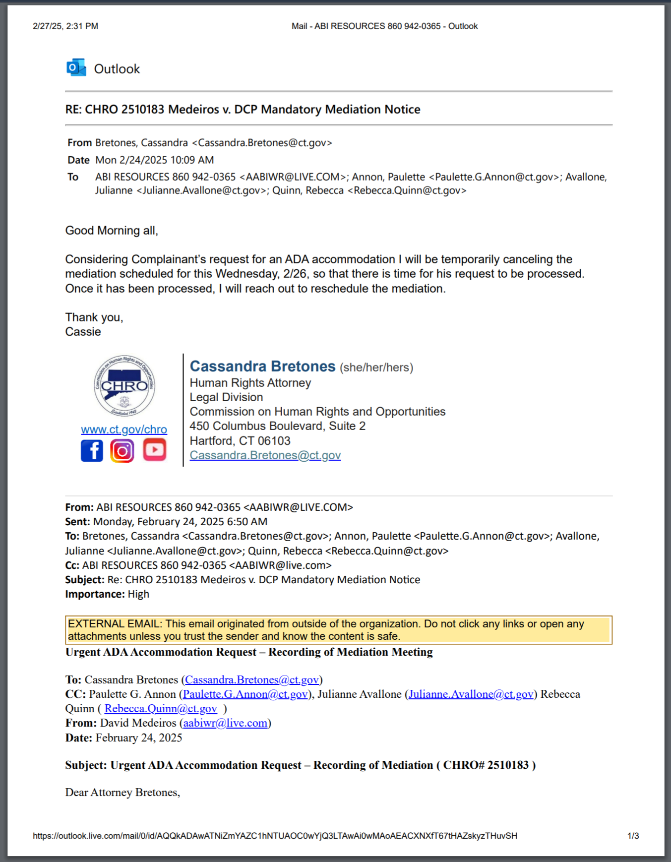 Archived evidence image dated 2025-02-24: 2/27/25, 2:31 PM Mail - ABI RESOURCES 860 942-0365 - Outlook 0" Outlook RE: CHRO 2510183 Medeiros v. . Automated OCR excerpt; verify against the source image.