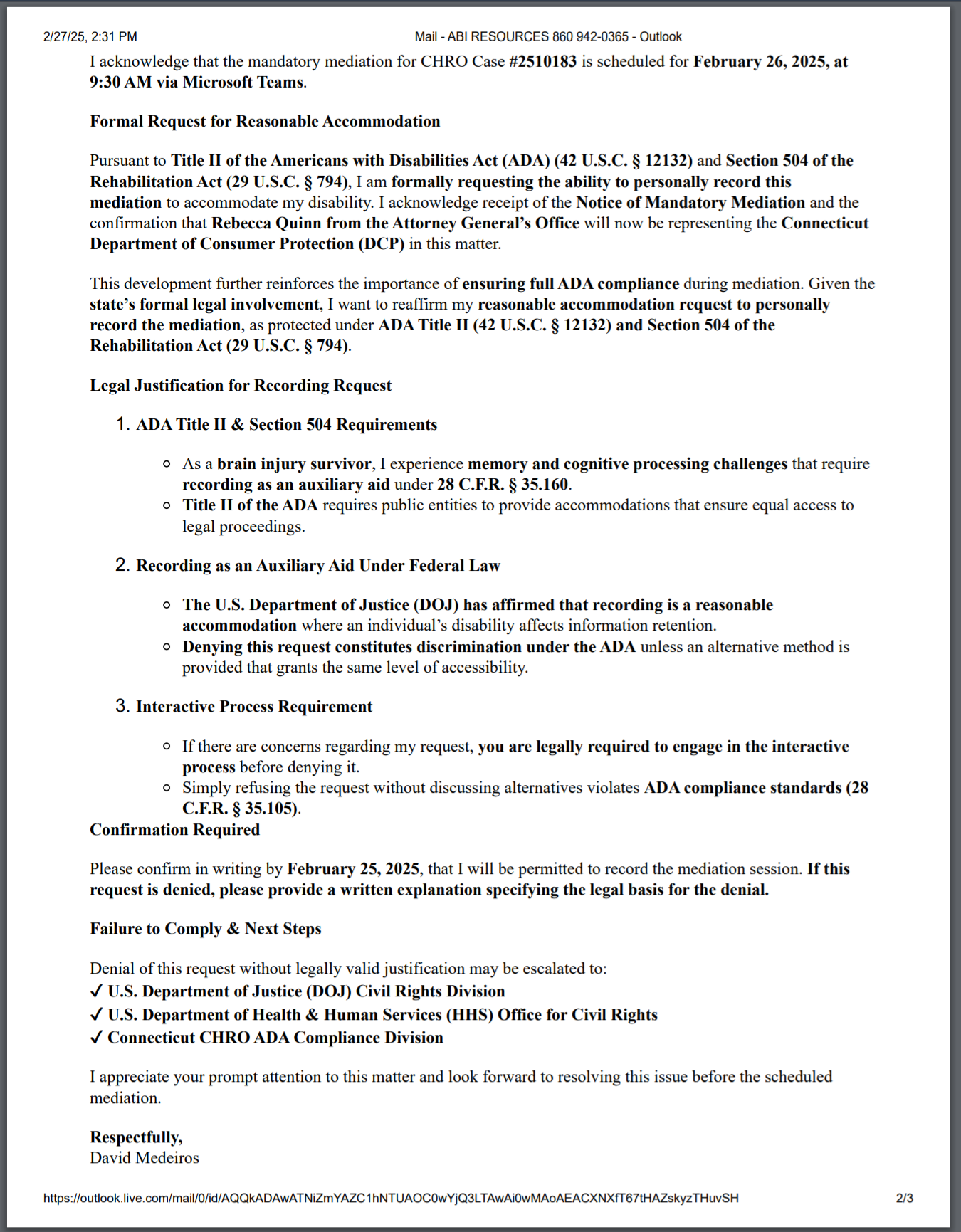 Archived evidence image dated 2025-02-27: 2/27/25, 2:31 PM Mail - ABI RESOURCES 860 942-0365 - Outlook T acknowledge that the mandatory mediation for CHRO Case #2510183 is scheduled for February 26, 2025, at 9:30 AM via Microsoft Teams. . Automated OCR excerpt; verify against the source image.