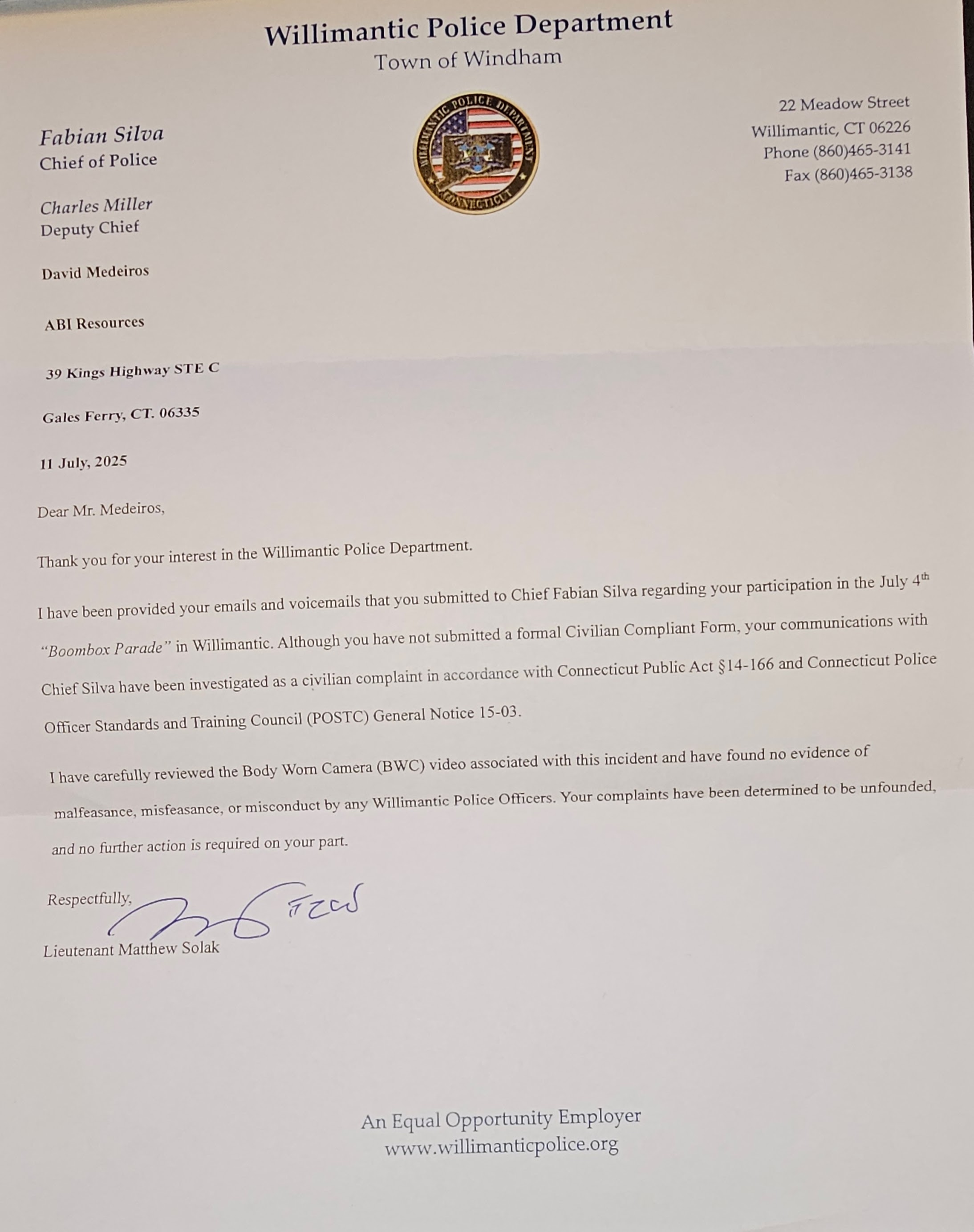 Archived evidence image dated 2025-07-11: ERR ——— willimantic Police Department Town of Windham 20 LIC I PD) Fabian Silva i= 22 Meadow Street = r LL — Zz a1: . . Automated OCR excerpt; verify against the source image.