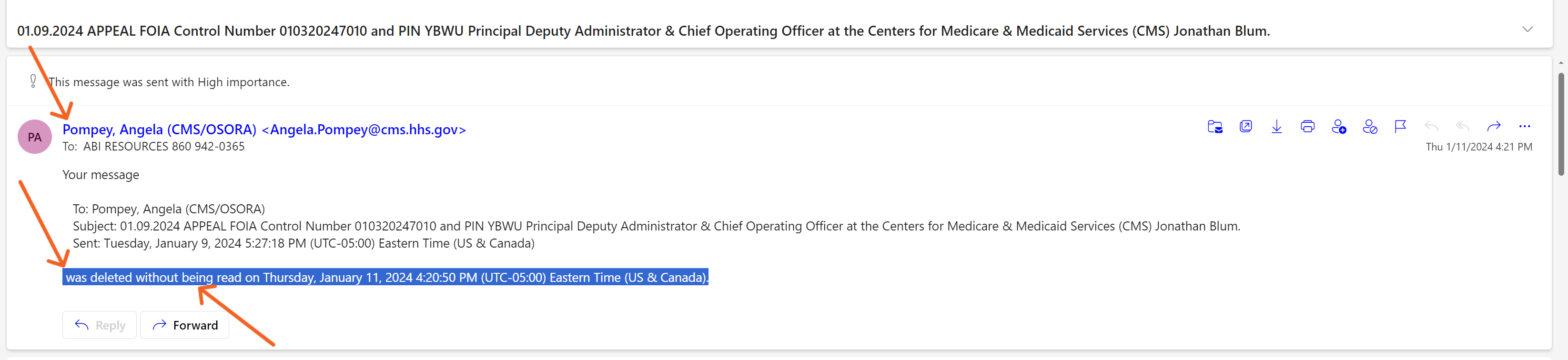 Archived FOIA/public-records request dated 2024-01-12: 01.09.2024 APPEAL FOIA Control Number 010320247010 and PIN YBWU Principal Deputy Administrator & Chief Operating Officer at the Centers for Medicare & Medicaid Services (CMS) Jonathan Blum. . Automated OCR excerpt; verify against the source ima…