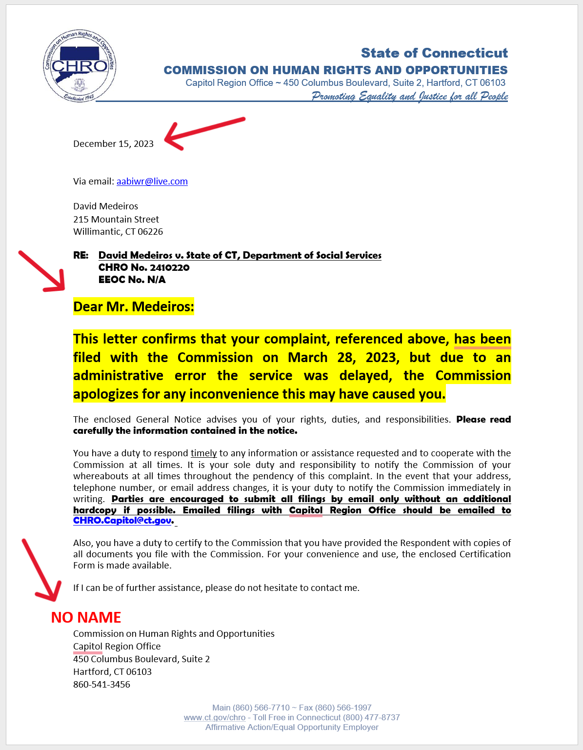 Archived evidence image dated 2023-12-15: Son ighis ol B® State of Connecticut (l Of) COMMISSION ON HUMAN RIGHTS AND OPPORTUNITIES A % SS Capitol Region Office ~ 450 Columbus Boulevard, Suite 2, Hartford, CT 06103 Nezmm Promoting Equality aud Justice for all Pe…. Automated OCR excerpt; verify again…