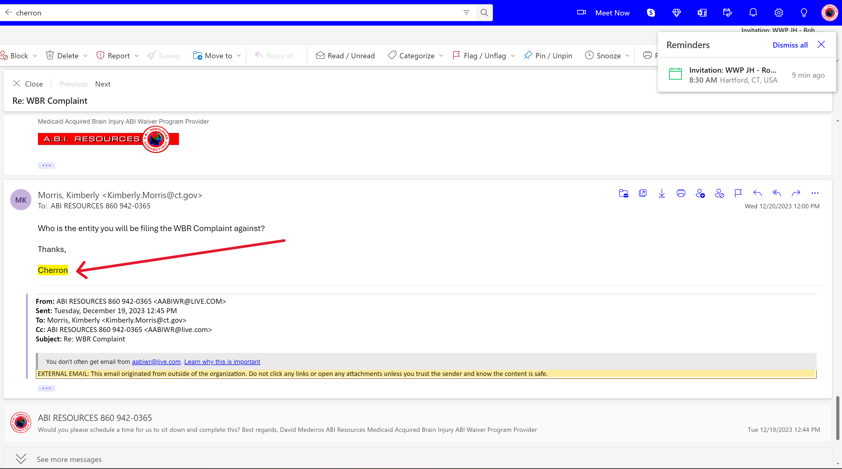 Archived evidence image dated 2023-12-20: A & cherron = Q | oven 8 © m8 0 8 90 Meet Now (s R74 \T] [392 Q 32 Q (®) Invitation: WWP JH - Rob __. . Automated OCR excerpt; verify against the source image.