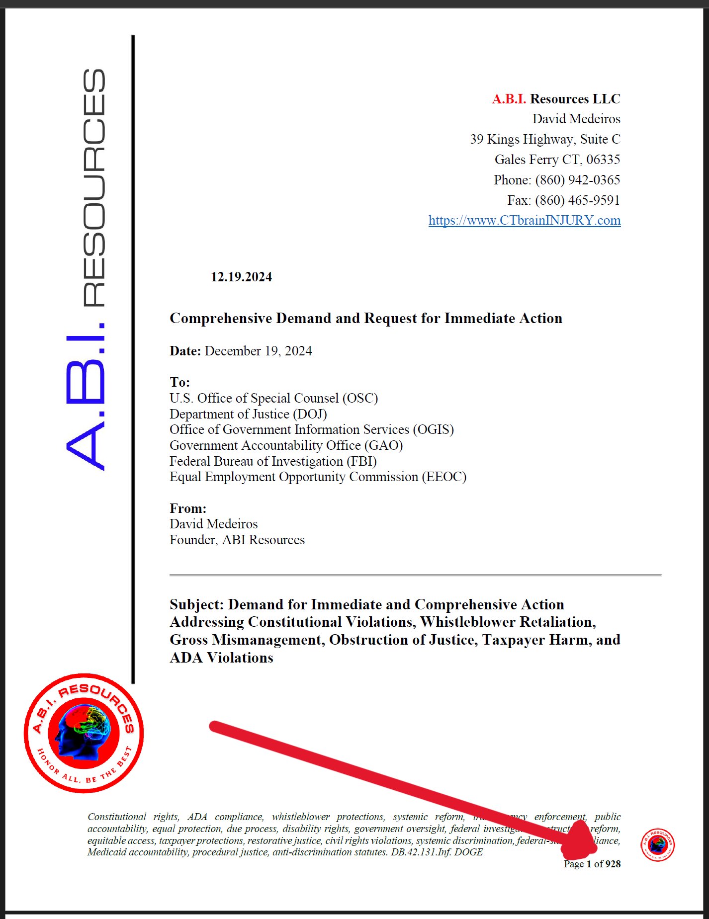 Archived correspondence dated 2024-12-19: LL A.B.L. Resources LLC David Medeiros @ 39 Kings Highway, Suite C 0 Gales Ferry CT, 06335 7) Phone: (860) 942-0365 Fax: (860) 465-9591 O https://www.CTbrainINJURY .com Tr 12.19.2024 = Comprehensive Demand and Request f…. Automated OCR excerpt; verify again…