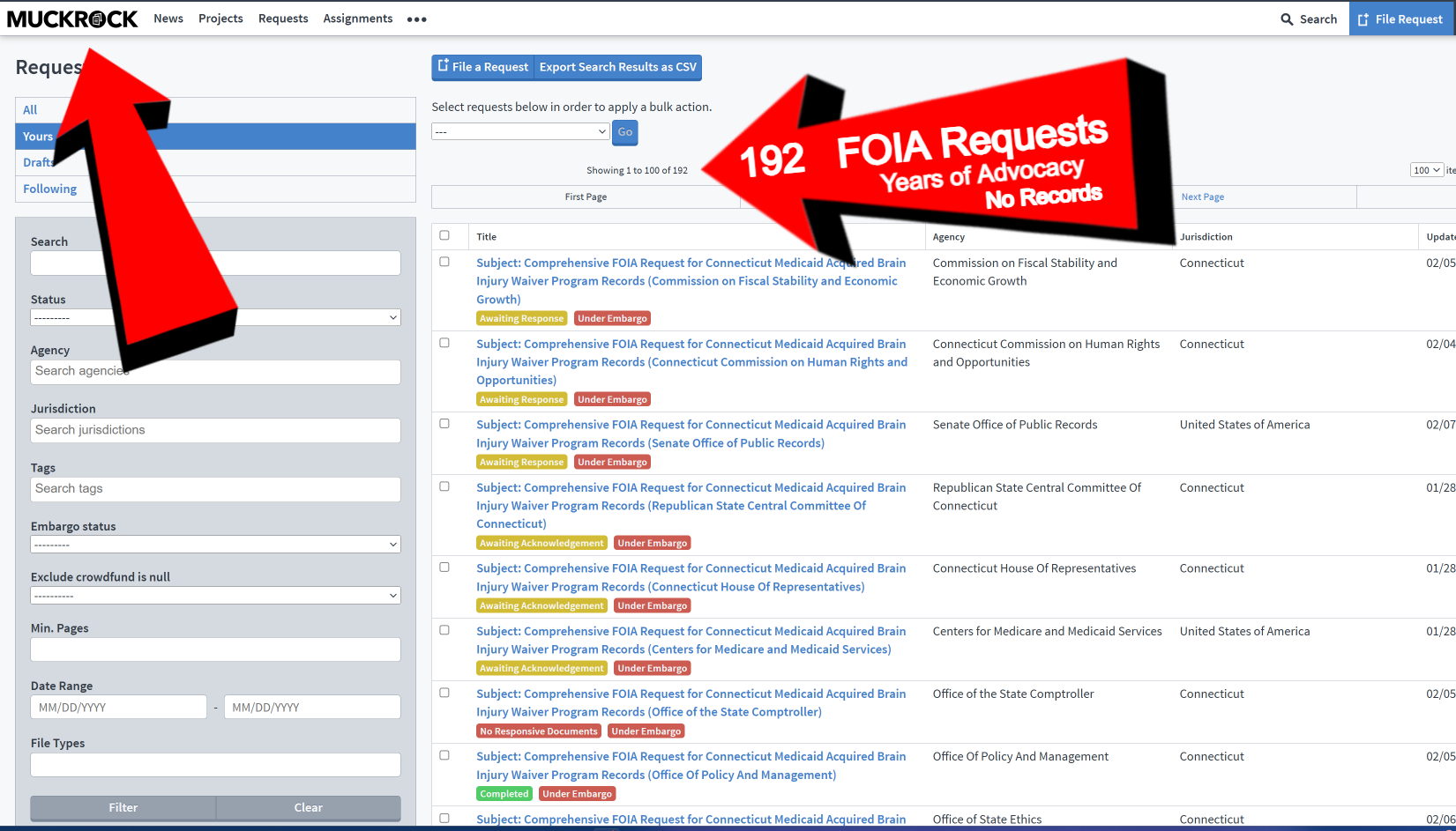 Archived FOIA/public-records request dated 2025-02-02: MUCKR@®CK News Projects Requests Assignments sae Q search 5 te meuest Reque: [J File a Request Export Search Results as CSV All Select requests below in order to apply a bulk action. . Automated OCR excerpt; verify against the source image.