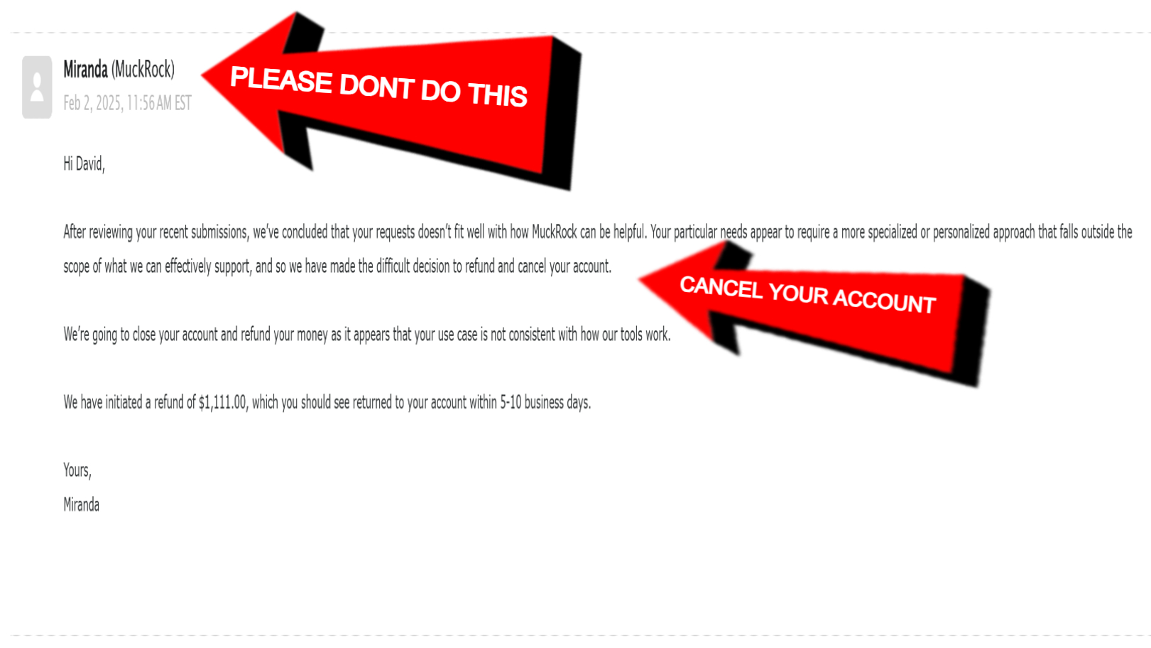 Archived screenshot dated 2025-02-02: Miranda (MuckRock) PL EASE DONT DO THIS Hi David, After reviewing your recent submissions, we've concluded that your requests doesn't fit well with how MuckRock can be helpful. . Automated OCR excerpt; verify against the source image.