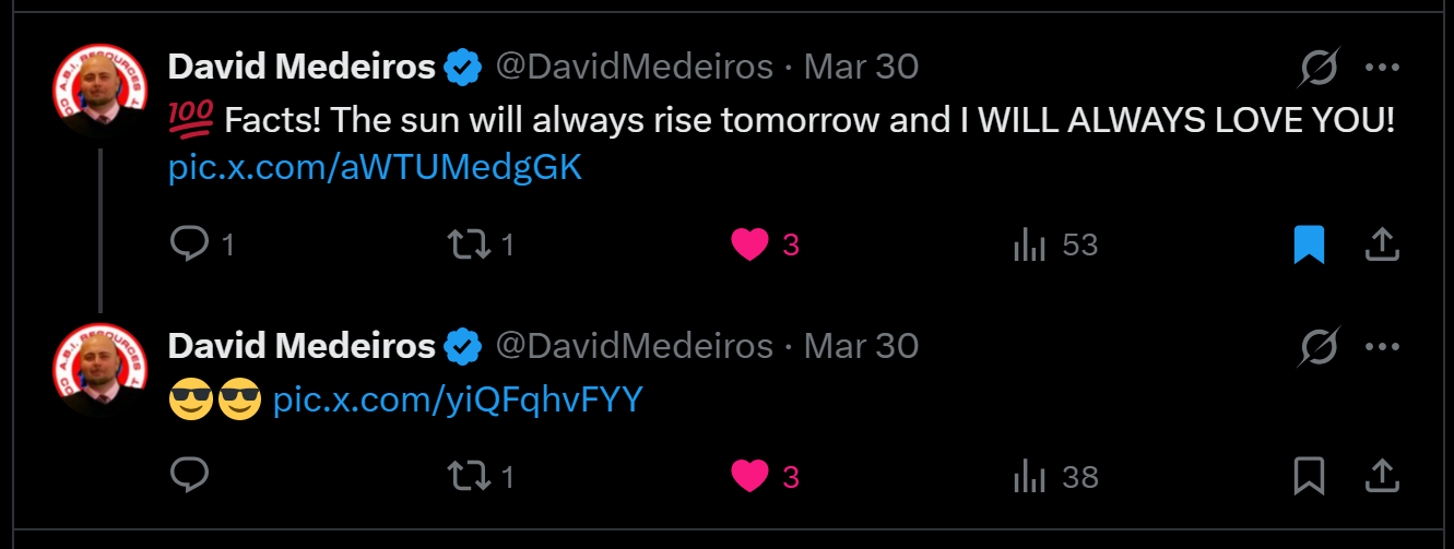 Archived evidence image dated 2026-04-14: [&) David Medeiros § @DavidMedeiros - Mar 30 A 199 Facts! . Automated OCR excerpt; verify against the source image.