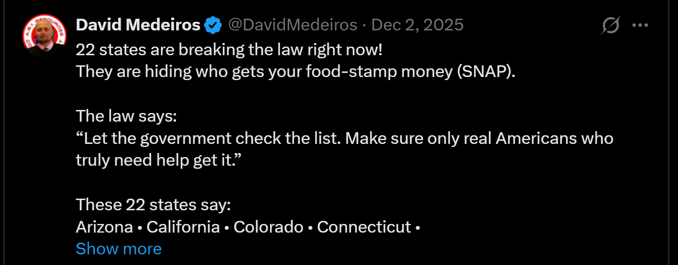 Archived report dated 2026-04-14: '&) David Medeiros § @DavidMedeiros - Dec 2, 2025 A 22 states are breaking the law right now! . Automated OCR excerpt; verify against the source image.