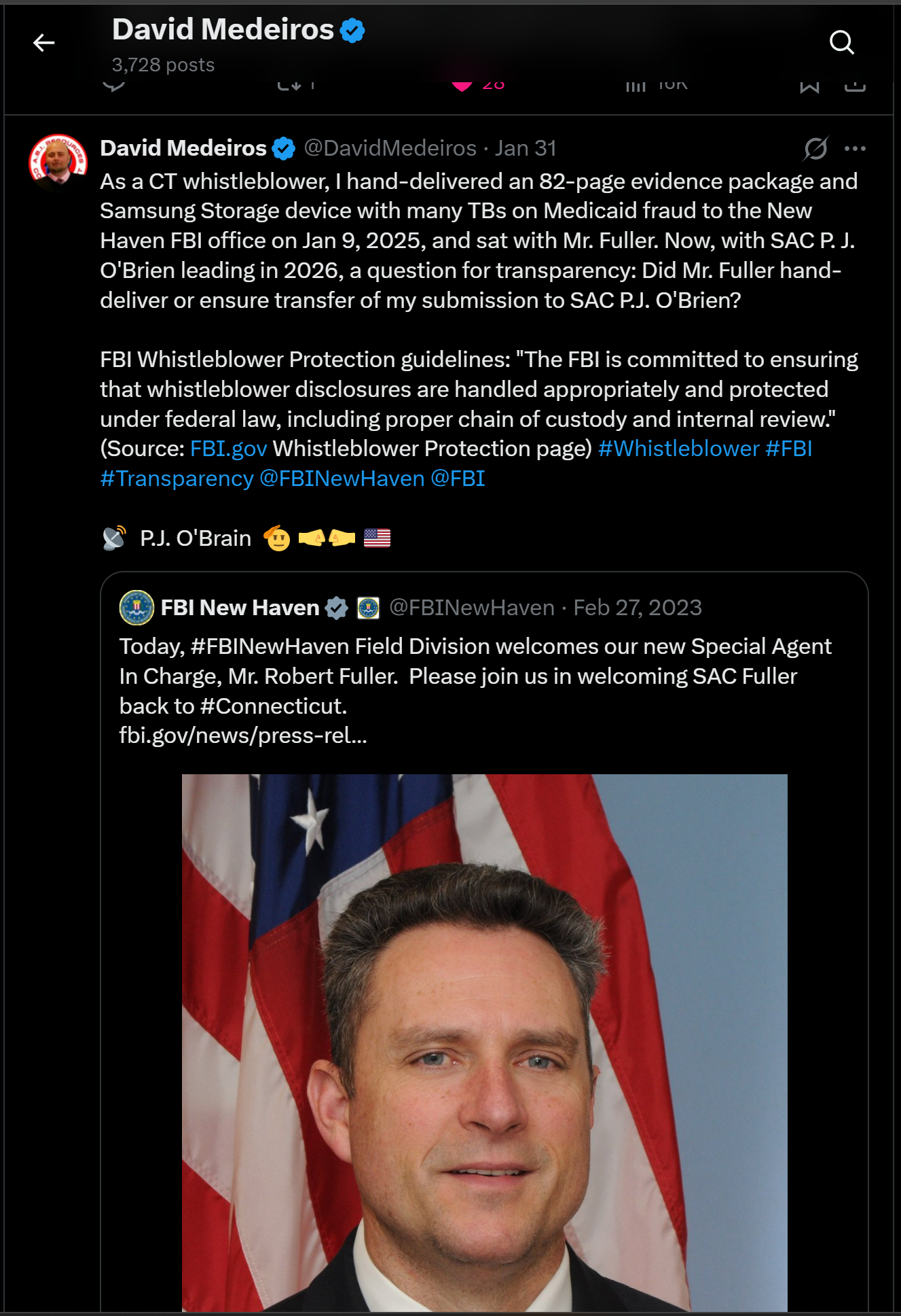 Archived evidence image dated 2026-04-14: « David Medeiros & Q 3,728 posts ~ [S| ww <0 mi ron [2 I= ™ David Medeiros €& @DavidMedeiros - Jan 31 A oe As a CT whistleblower, | hand-delivered an 82-page evidence package and Samsung Storage device with many TBs on…. Automated OCR excerpt; verify agains…