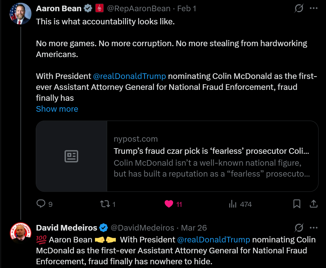 Archived evidence image dated 2026-04-14: £2] Aaron Bean & [# @RepAaronBean - Feb 1 (A oe u This is what accountability looks like. . Automated OCR excerpt; verify against the source image.