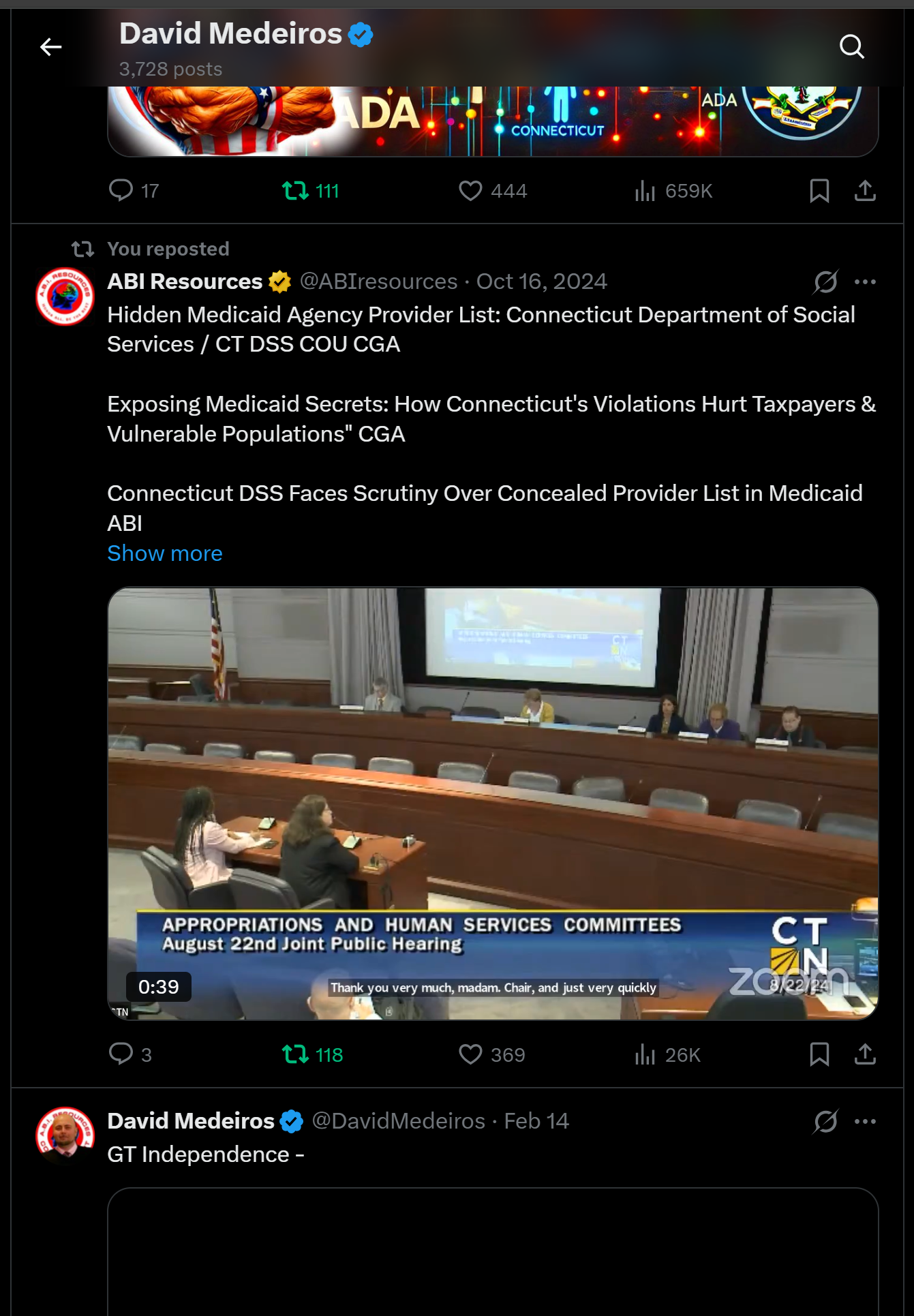 Archived FOIA/public-records request dated 2026-04-14: « David Medeiros & Q 3,728 posts aoe) —= \ | } ALY 7 |aDa aly - Fs G O17 Ty 1 Q 444 1h 659K [A 13 You reposted (@] ABI Resources #% @ABIresources - Oct 16, 2024 A Hidden Medicaid Agency Provider List: Connecticut Depart…. Automated OCR excerpt;…