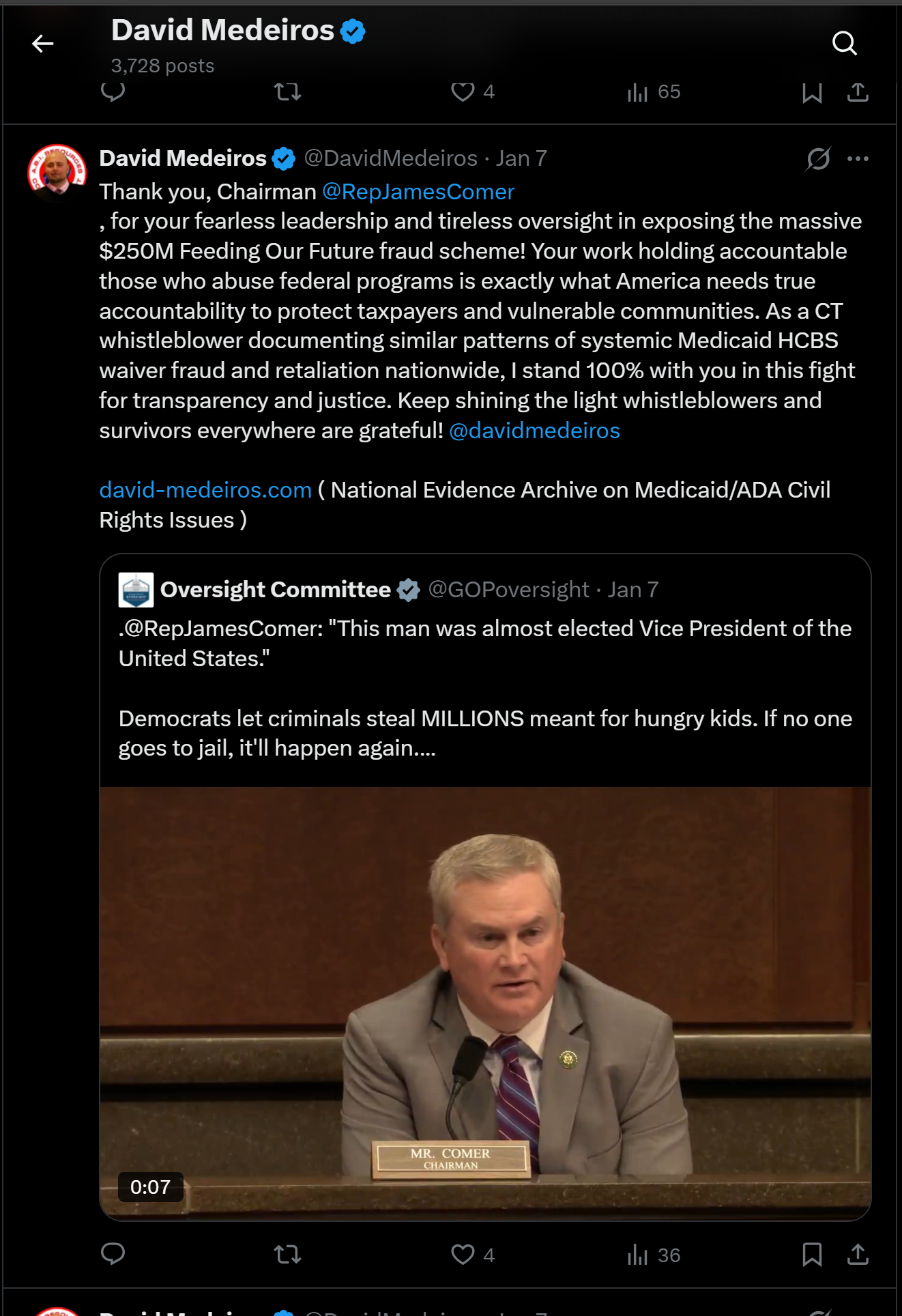 Archived evidence image dated 2026-04-14: « David Medeiros & Q 3,728 posts QO [ Q 4 thi 65 W & [&) David Medeiros € @DavidMedeiros - Jan 7 A Thank you, Chairman @RepJamesComer , for your fearless leadership and tireless oversight in exposing the massive $250M F…. Automated OCR excerpt; verify again…