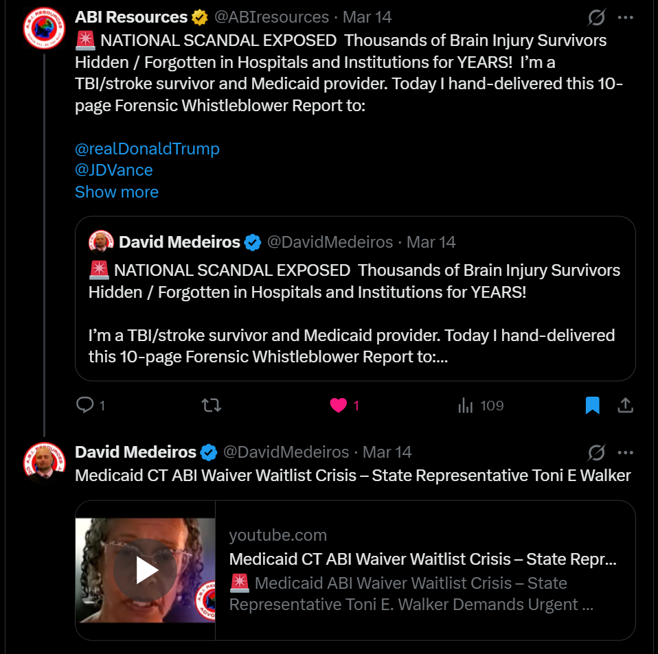 Archived whistleblower report dated 2026-04-14: ABI Resources #% @ABIresources - Mar 14 A ee x NATIONAL SCANDAL EXPOSED Thousands of Brain Injury Survivors Hidden / Forgotten in Hospitals and Institutions for YEARS! . Automated OCR excerpt; verify against the source image.