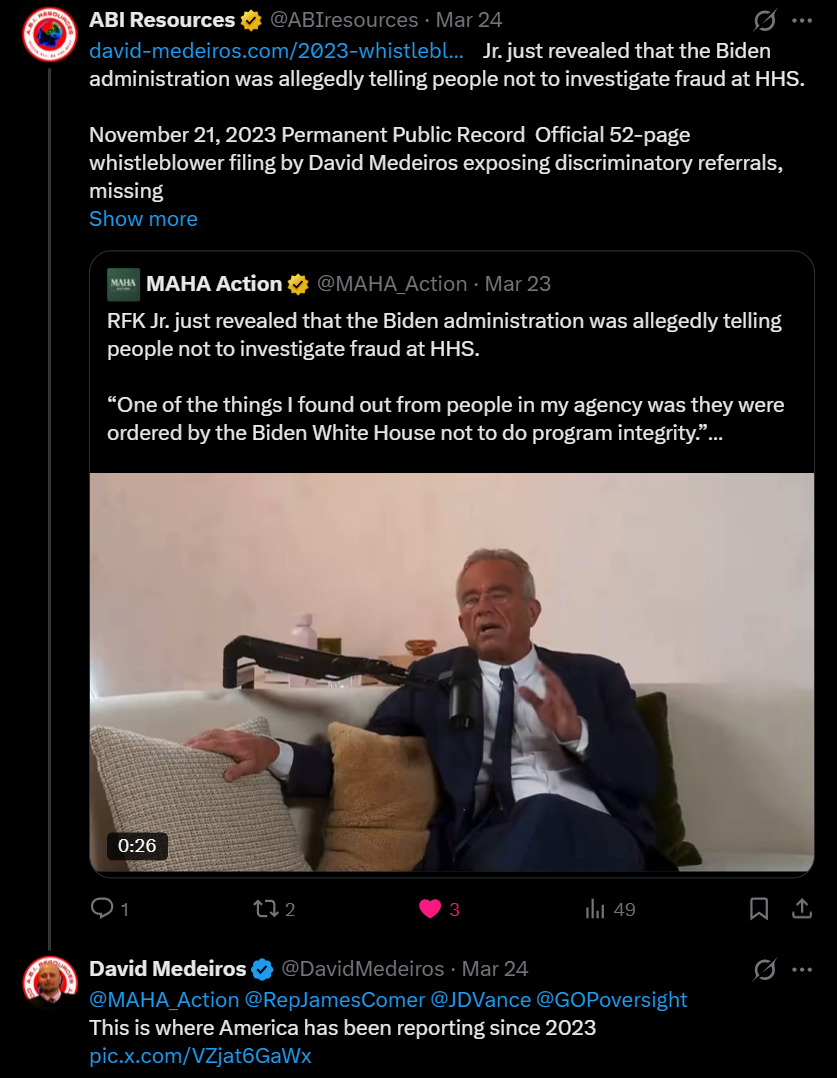 Archived evidence image dated 2026-04-14: Oo ABI Resources # @ABIresources - Mar 24 [oe david-medeiros.com/2023-whistlebl... . Automated OCR excerpt; verify against the source image.