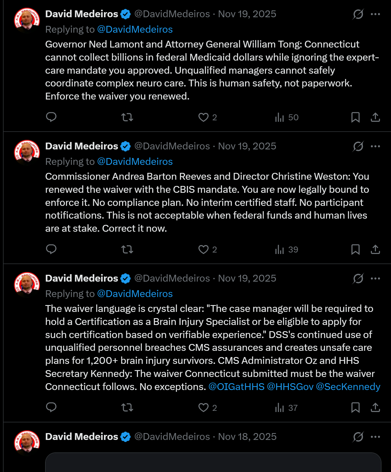 Archived evidence image dated 2026-04-14: '&) David Medeiros €& @DavidMedeiros - Nov 19, 2025 (A oe Replying to @DavidMedeiros Governor Ned Lamont and Attorney General William Tong: Connecticut cannot collect billions in federal Medicaid dollars while ignoring…. Automated OCR excerpt; verify agains…