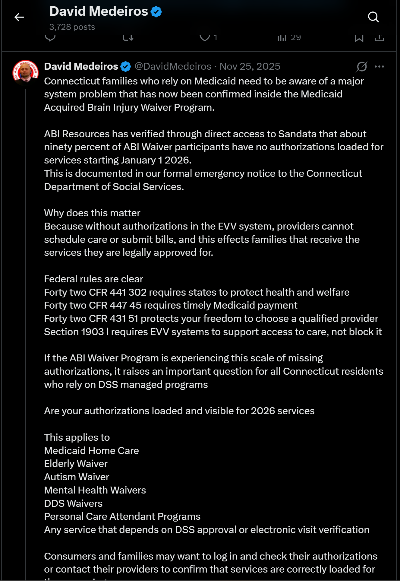Archived evidence image dated 2026-04-14: « David Medeiros & Q 3,728 posts $V wy U1 hl 29 WN 4 '&) David Medeiros €& @DavidMedeiros - Nov 25,2025 (A eee Connecticut families who rely on Medicaid need to be aware of a major system problem that has now been confi…. Automated OCR excerpt; verify again…