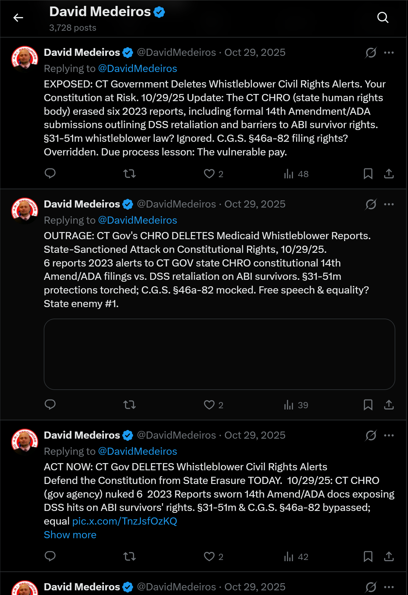Archived evidence image dated 2026-04-14: « David Medeiros & Q 3,728 posts '&) David Medeiros €& @DavidMedeiros - Oct 29, 2025 (A oe Replying to @DavidMedeiros EXPOSED: CT Government Deletes Whistleblower Civil Rights Alerts. . Automated OCR excerpt; verify against the source image.