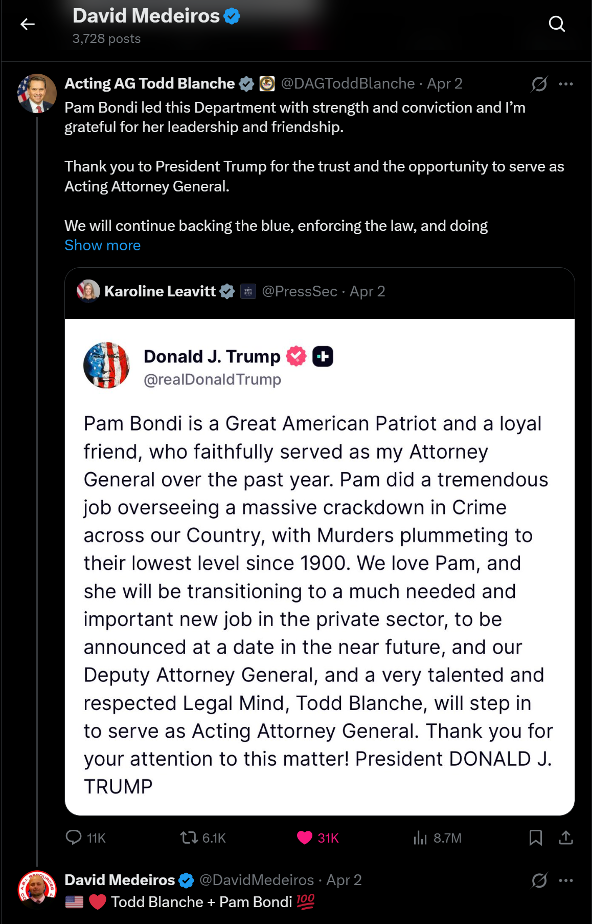 Archived evidence image dated 2026-04-14: « David Medeiros & Q RA Acting AG Todd Blanche 2 & “Nl Pam Bondi led this Department with strength and conviction and I'm grateful for her leadership and friendship. . Automated OCR excerpt; verify against the source image.