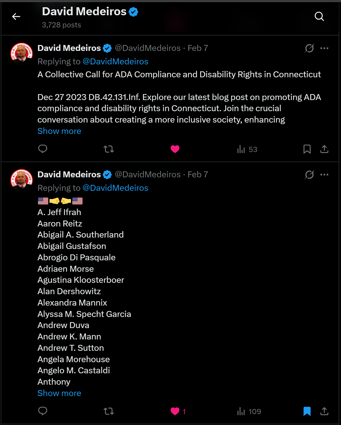 Archived evidence image dated 2026-04-14: « David Medeiros & Q 3,728 posts '&) David Medeiros €& @DavidVedeiros - Feb 7 oe Replying to @DavidMedeiros A Collective Call for ADA Compliance and Disability Rights in Connecticut Dec 27 2023 DB.42.131.Inf. . Automated OCR excerpt; verify against the sour…