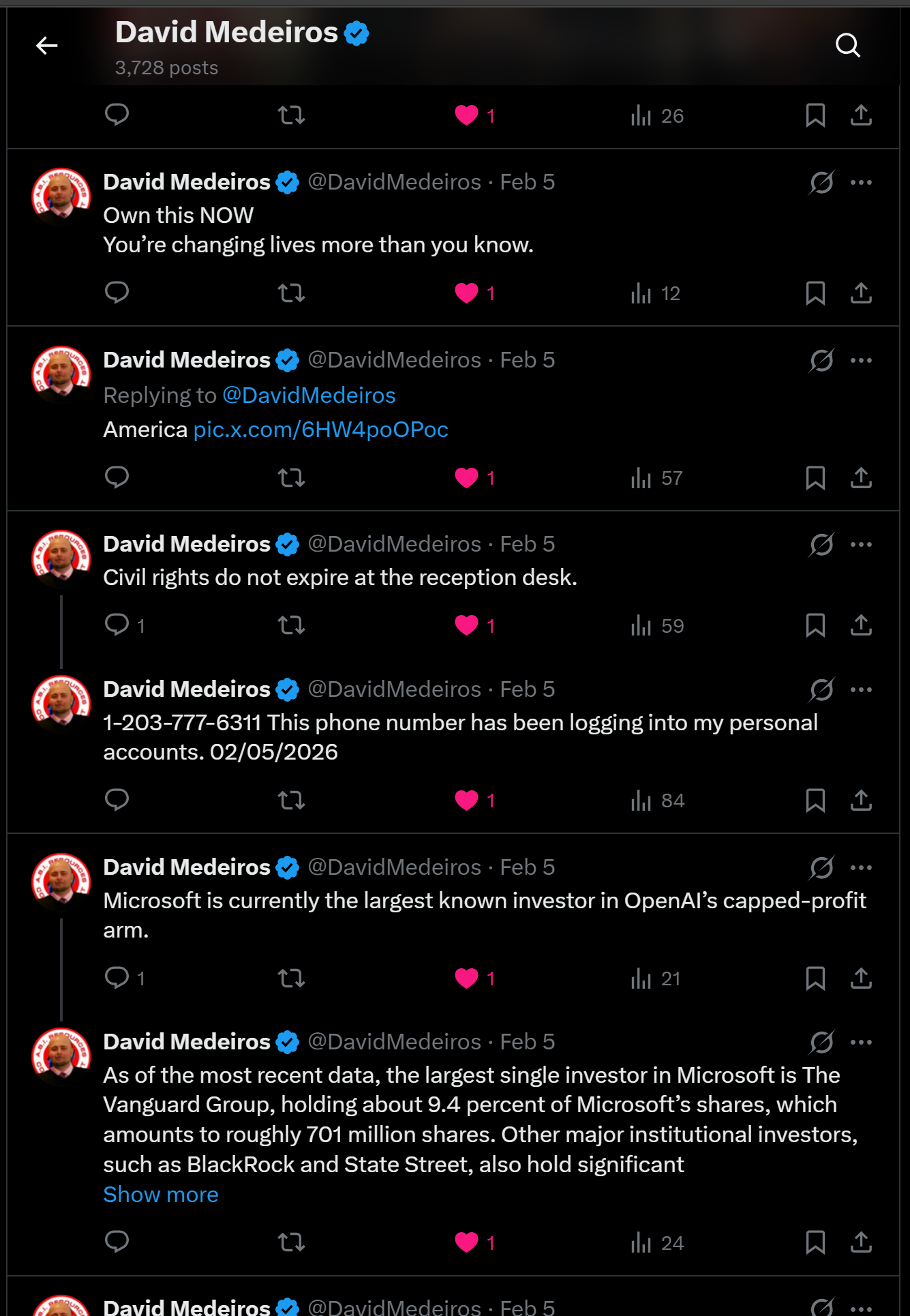 Archived evidence image dated 2026-04-14: « David Medeiros & Q 3,728 posts oO 0 ( ili 26 HN & [&) David Medeiros § @DavidVedeiros - Feb 5 A oe Own this NOW You're changing lives more than you know. . Automated OCR excerpt; verify against the source image.