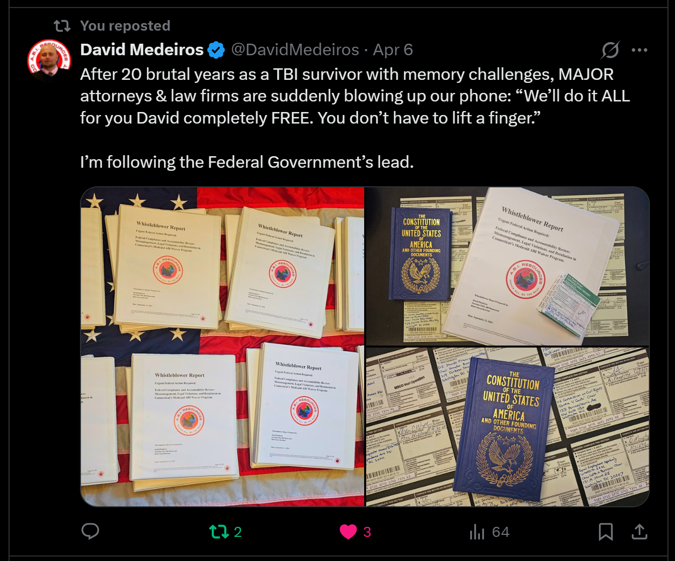 Archived evidence image dated 2026-04-14: 13 You reposted '@) David Medeiros €& @DavidMedeiros - Apr 6 (A oe “#7 After 20 brutal years as a TBI survivor with memory challenges, MAJOR attorneys & law firms are suddenly blowing up our phone: “We’ll do it ALL for…. Automated OCR excerpt; verify agains…