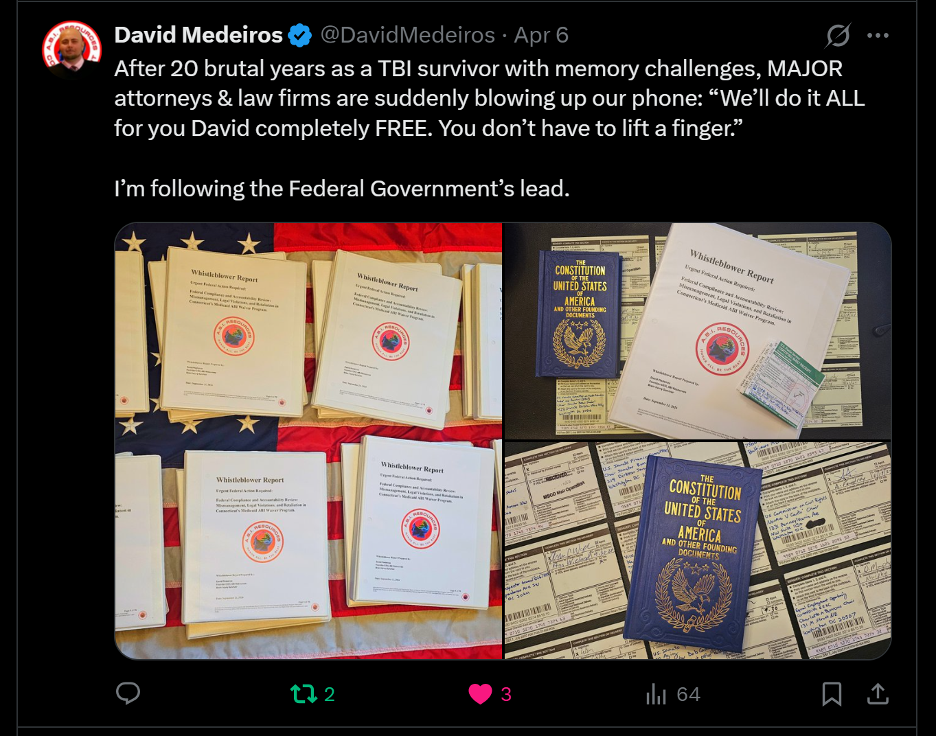Archived evidence image dated 2026-04-14: '@) David Medeiros €& @DavidMedeiros - Apr 6 (A oe “#7 After 20 brutal years as a TBI survivor with memory challenges, MAJOR attorneys & law firms are suddenly blowing up our phone: “We’ll do it ALL for you David comple…. Automated OCR excerpt; verify again…