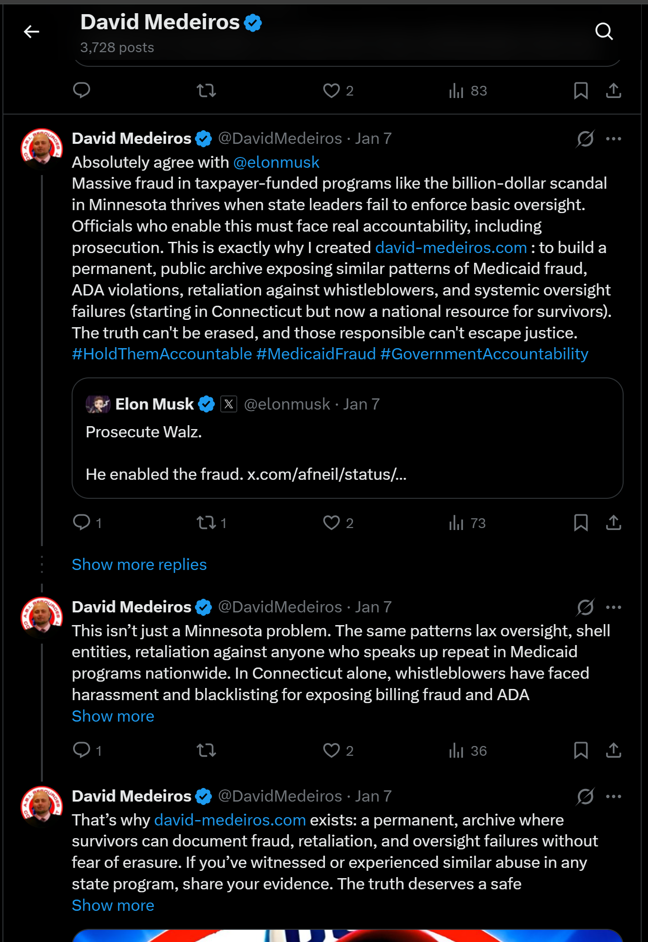 Archived evidence image dated 2026-04-14: « David Medeiros & Q 3,728 posts ©) n Q2 thi 83 Na '&) David Medeiros €& @DavidMedeiros - Jan 7 oe Absolutely agree with @elonmusk Massive fraud in taxpayer-funded programs like the billion-dollar scandal in Minnesota t…. Automated OCR excerpt; verify again…