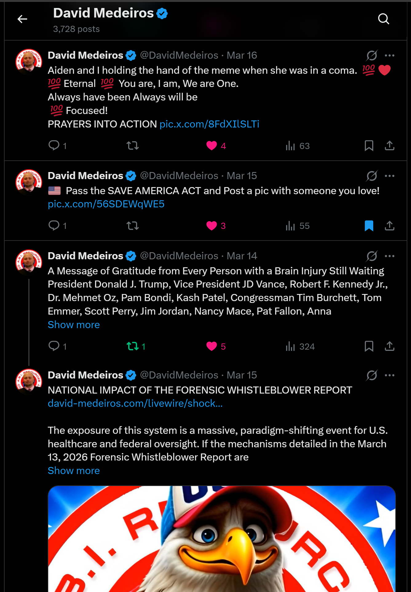 Archived evidence image dated 2026-04-14: « David Medeiros & Q 3,728 posts '&) David Medeiros § @DavidMedeiros - Mar 16 (A oon Aiden and | holding the hand of the meme when she was in a coma. . Automated OCR excerpt; verify against the source image.