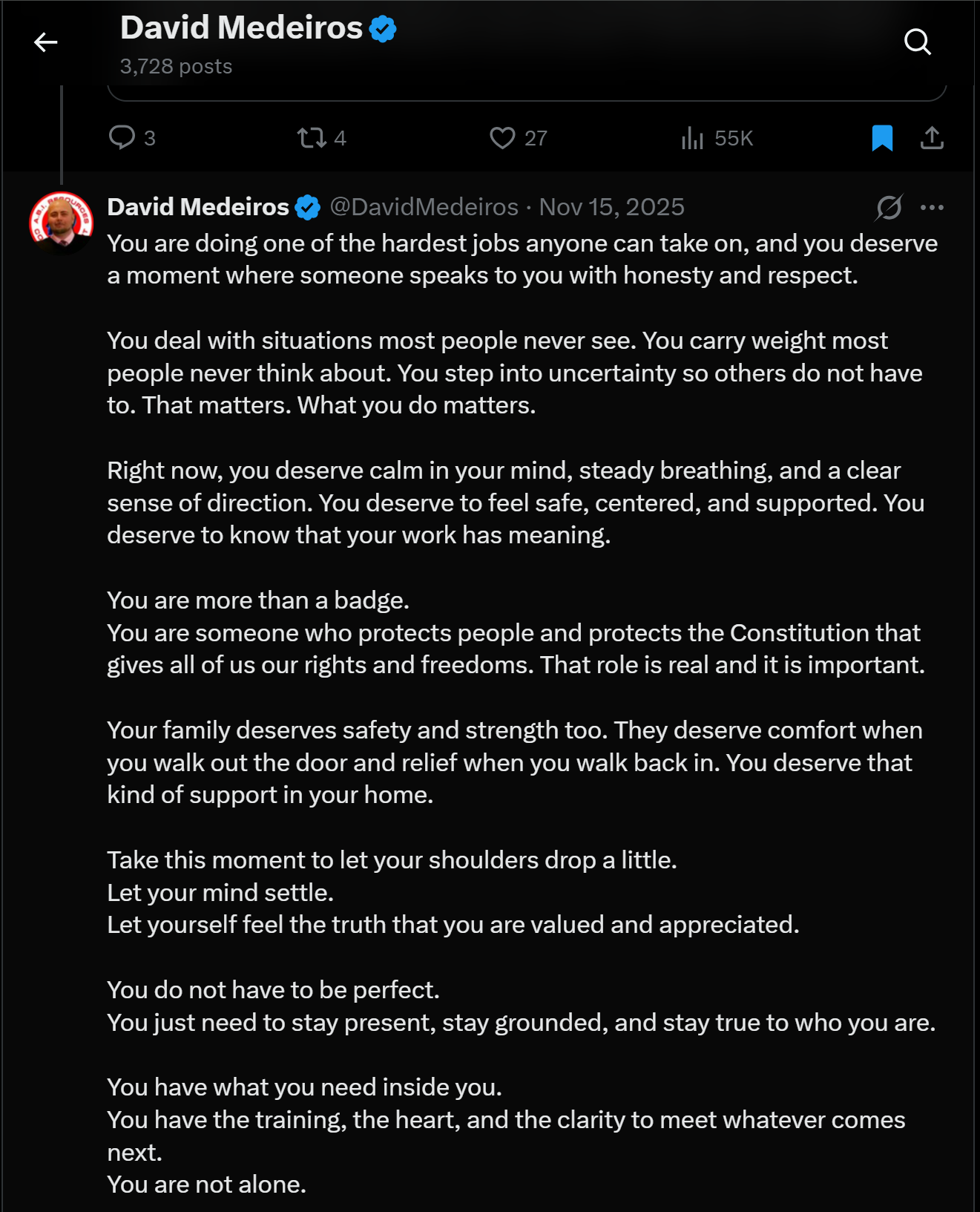 Archived evidence image dated 2026-04-14: « David Medeiros & Q 3,728 posts Qs 04 Q 27 thi 55K no I'S) David Medeiros € @DavidMedeiros - Nov 15, 2025 (A ooo You are doing one of the hardest jobs anyone can take on, and you deserve a moment where someone speaks t…. Automated OCR excerpt; verify again…