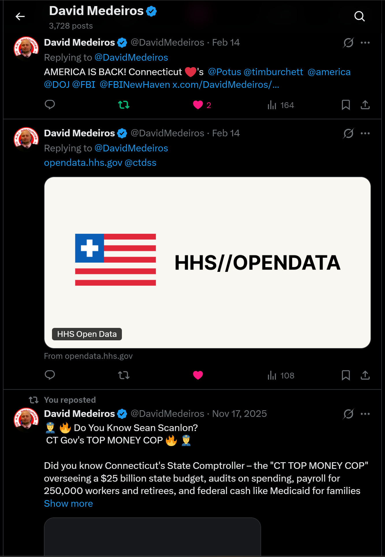 Archived evidence image dated 2026-04-14: « David Medeiros & Q '@) David Medeiros & nd @DavidMedeiros AMERICA IS BACK! . Automated OCR excerpt; verify against the source image.