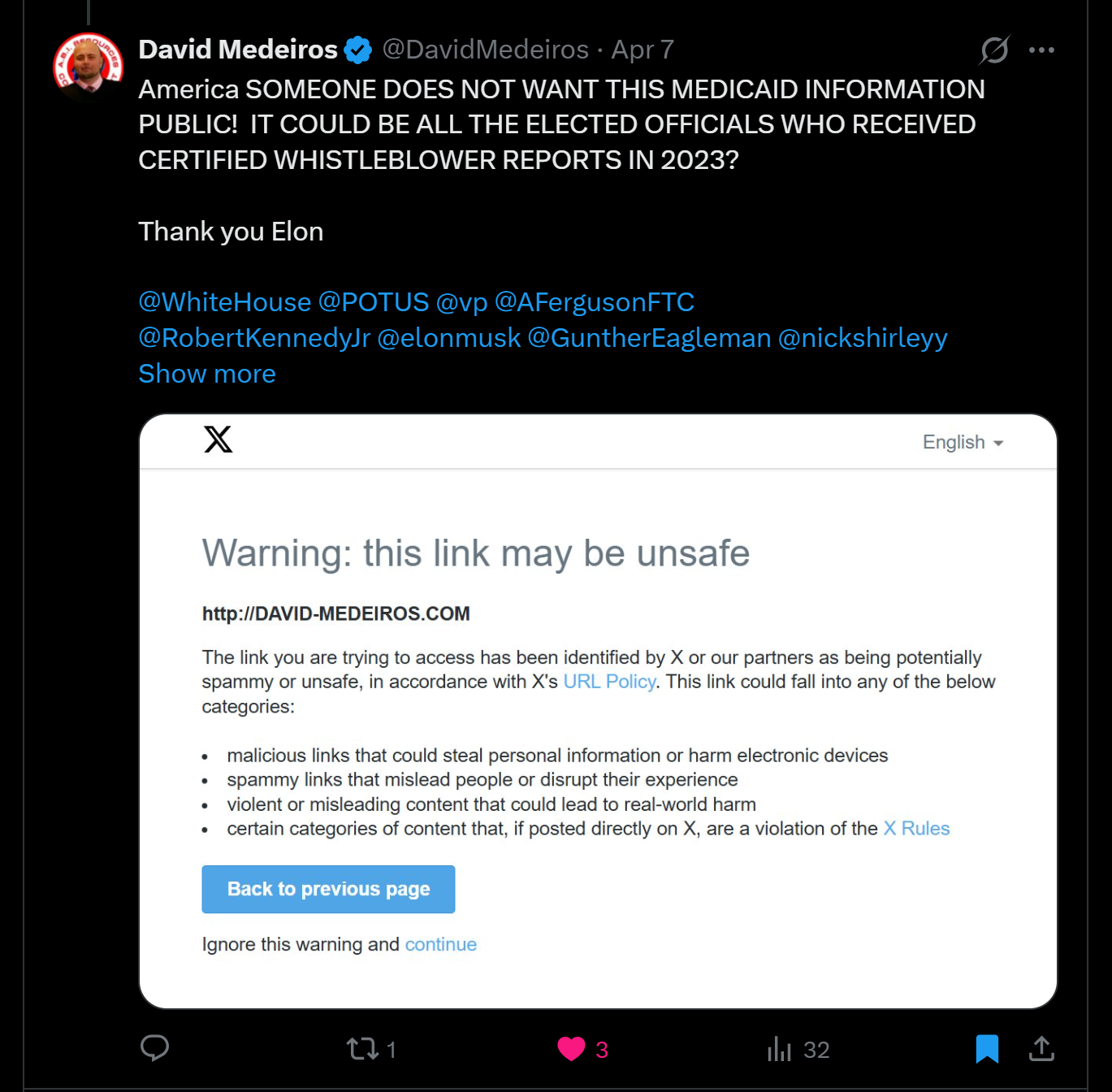 Archived whistleblower report dated 2026-04-14: '&) David Medeiros America SOMEONE DOES NOT WANT THIS MEDICAID INFORMATION PUBLIC! . Automated OCR excerpt; verify against the source image.