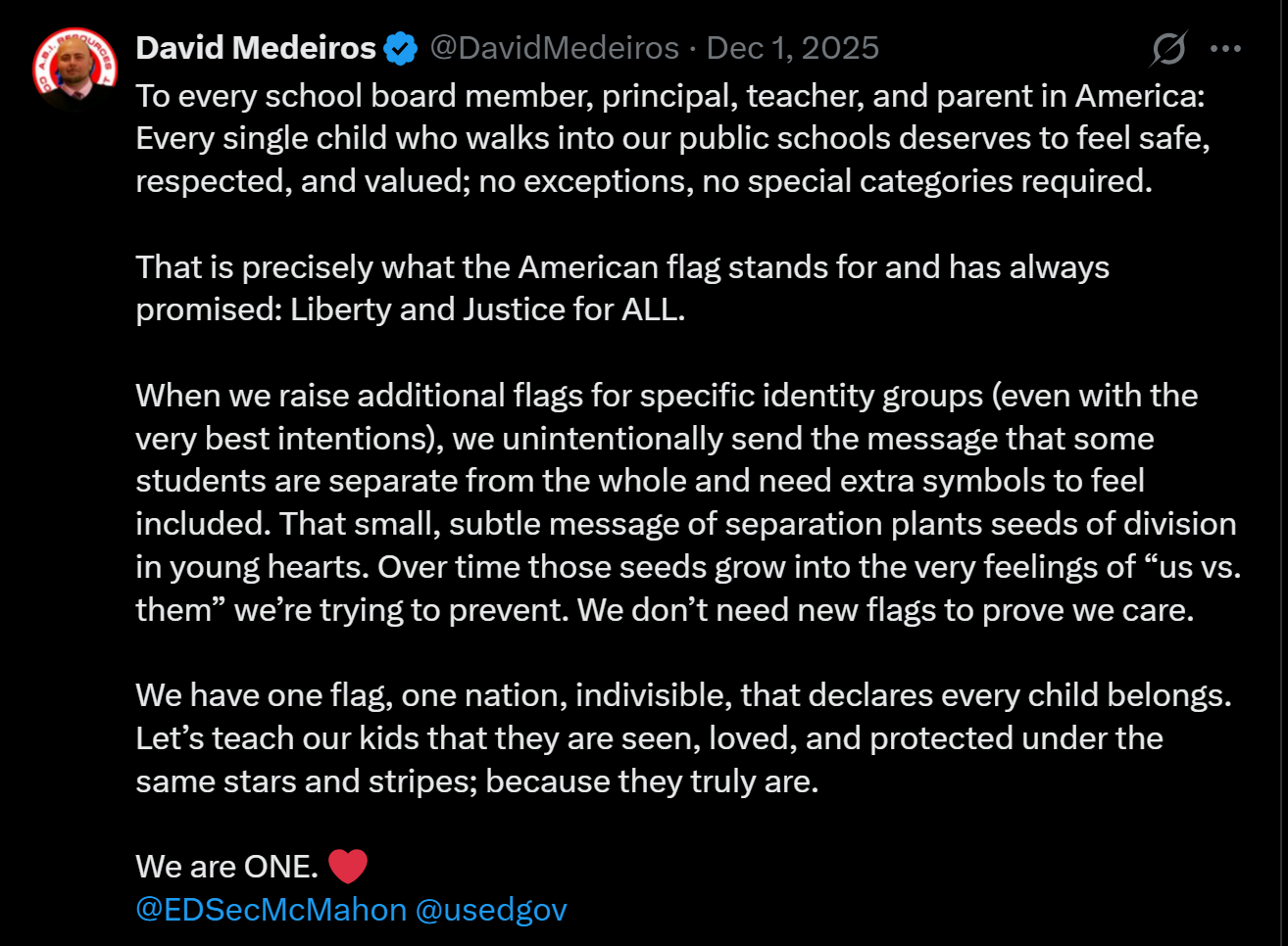 Archived evidence image dated 2026-04-14: '&) David Medeiros €& @DavidVedeiros - Dec 1,2025 (A eee To every school board member, principal, teacher, and parent in America: Every single child who walks into our public schools deserves to feel safe, respected, an…. Automated OCR excerpt; verify again…