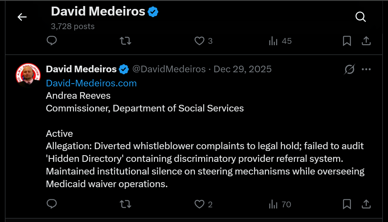 Archived evidence image dated 2026-04-14: « David Medeiros & Q 3,728 posts ©) n Os thi 45 Na [&) David Medeiros § @DavidVedeiros - Dec 29, 2025 A David-Medeiros.com Andrea Reeves Commissioner, Department of Social Services Active Allegation: Diverted whistleblo…. Automated OCR excerpt; verify again…
