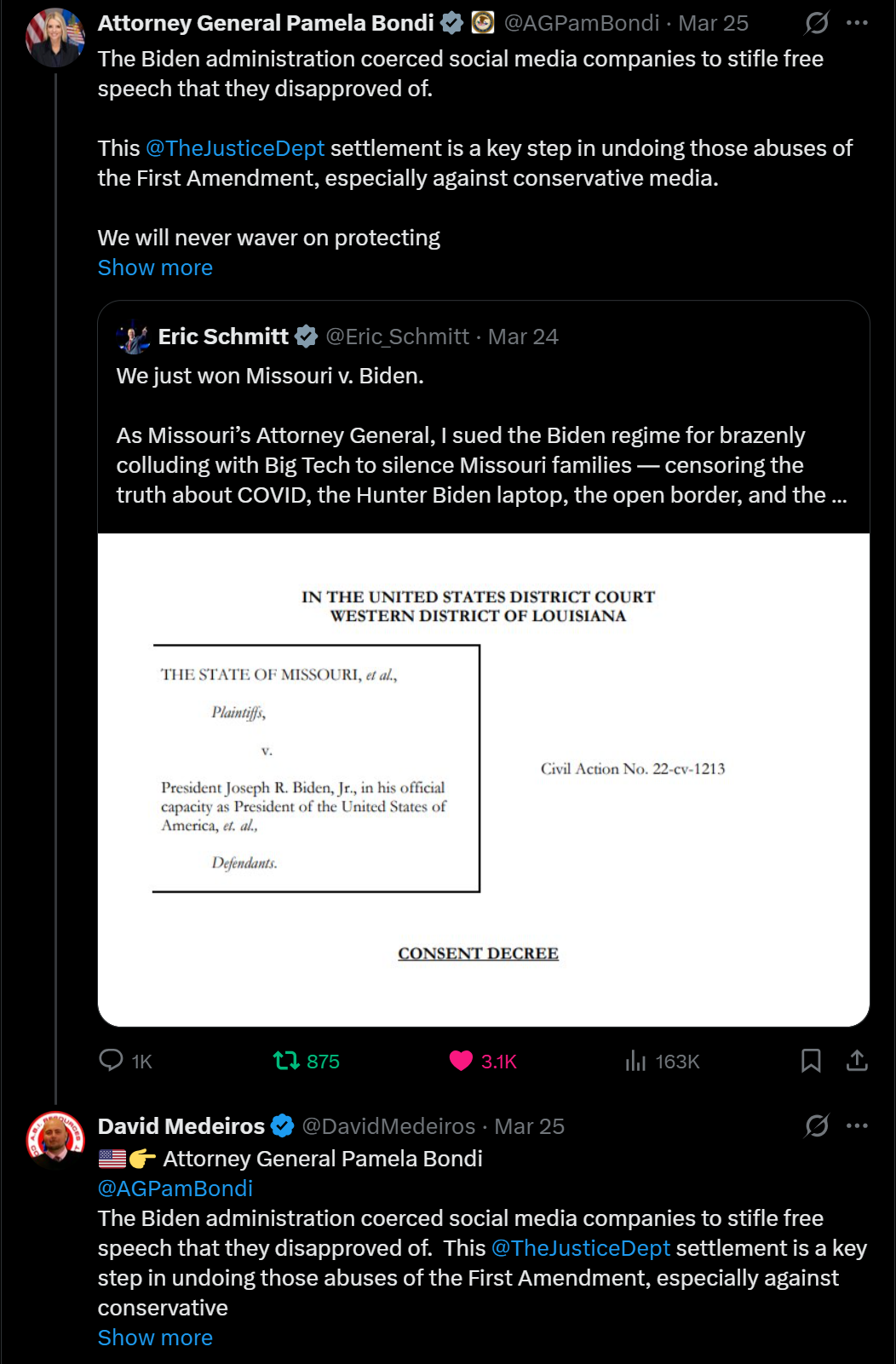 Archived evidence image dated 2026-04-14: NY Attorney General Pamela Bondi 2 \ The Biden administration coerced social media companies to stifle free speech that they disapproved of. . Automated OCR excerpt; verify against the source image.