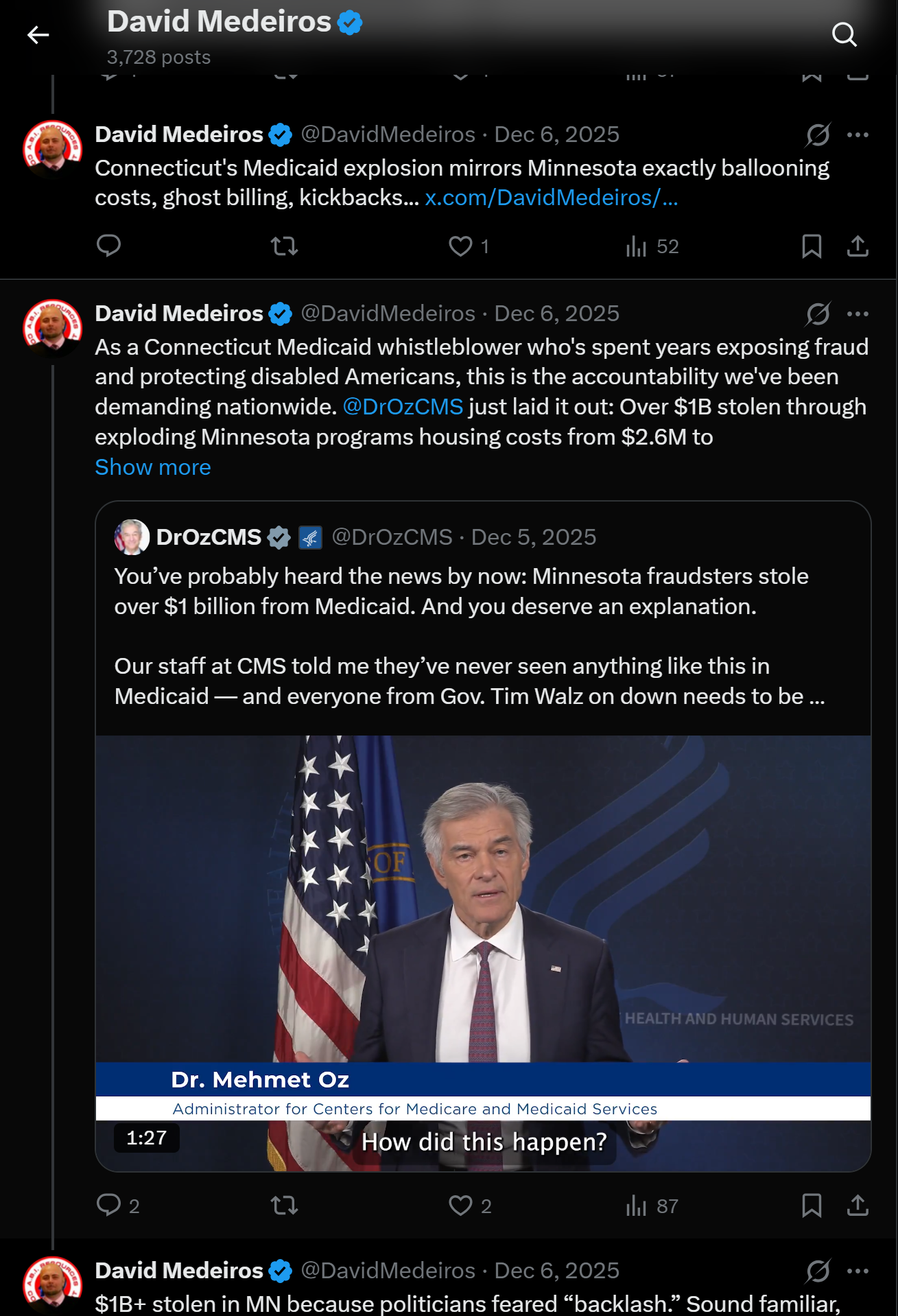Archived evidence image dated 2026-04-14: « David Medeiros & Q 3,728 posts '&) David Medeiros € @DavidMedeiros - Dec 6, 2025 A Connecticut's Medicaid explosion mirrors Minnesota exactly ballooning costs, ghost billing, kickbacks... . Automated OCR excerpt; verify against the source image.