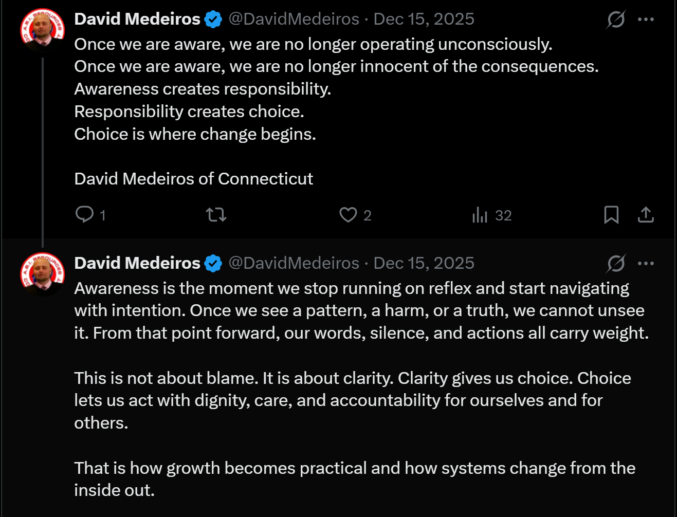 Archived evidence image dated 2026-04-14: '&) David Medeiros €& @DavidMedeiros - Dec 15, 2025 (A eee Once we are aware, we are no longer operating unconsciously. . Automated OCR excerpt; verify against the source image.