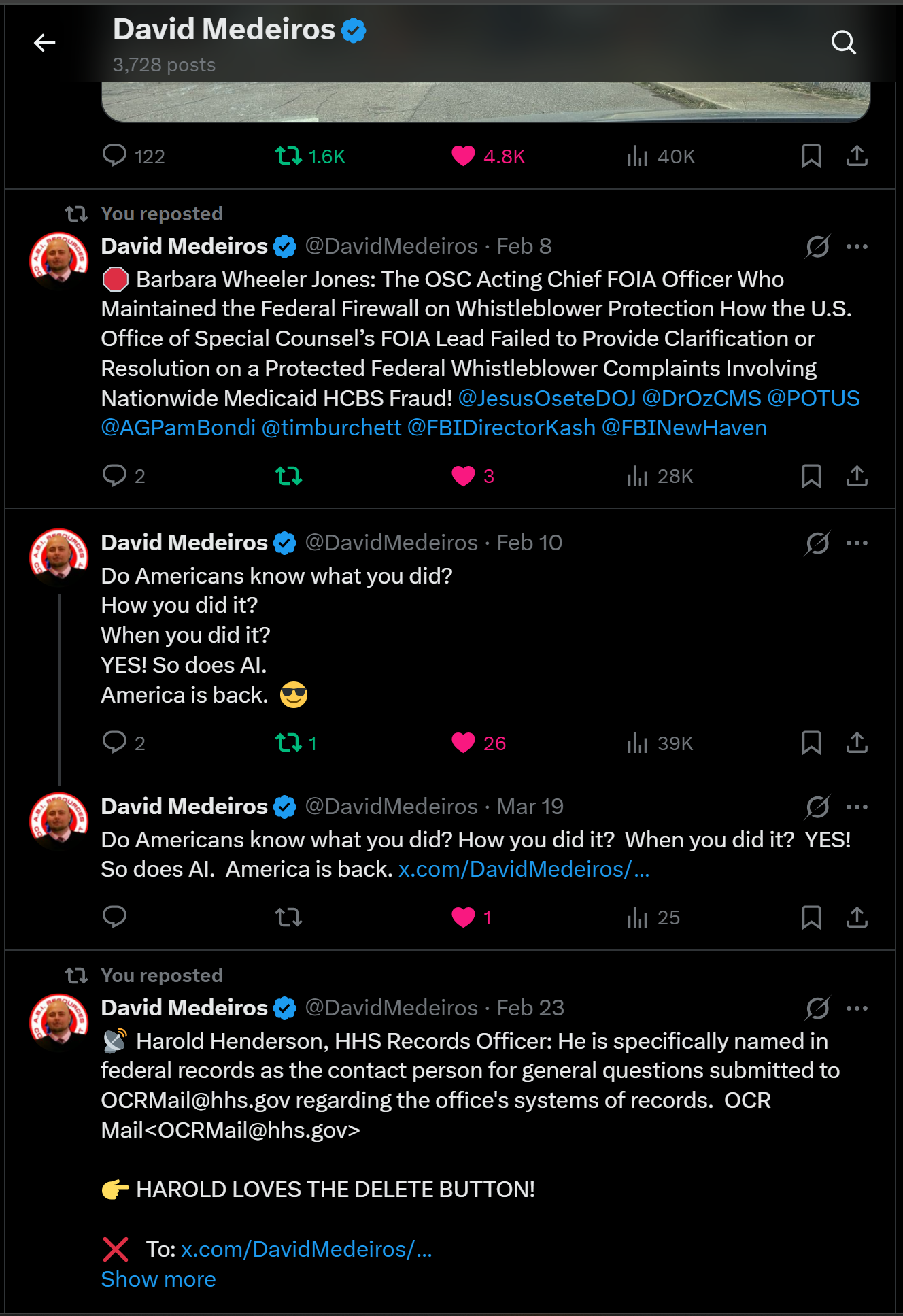 Archived FOIA/public-records request dated 2026-04-14: « David Medeiros & Q 3,728 posts QO 122 1 1.6K © 4.8K thi 40K [A 13 You reposted [&) David Medeiros § @DavidMedeiros - Feb 8 A @ Barbara Wheeler Jones: The OSC Acting Chief FOIA Officer Who Maintained the Federal Firewa…. Automated OCR excerpt;…