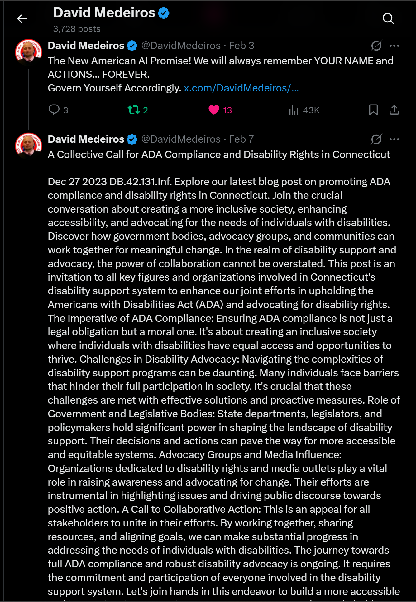 Archived FOIA/public-records request dated 2026-04-14: « David Medeiros & Q 3,728 posts '&) David Medeiros €& @DavidMedeiros - Feb 3 (I eee The New American Al Promise! . Automated OCR excerpt; verify against the source image.