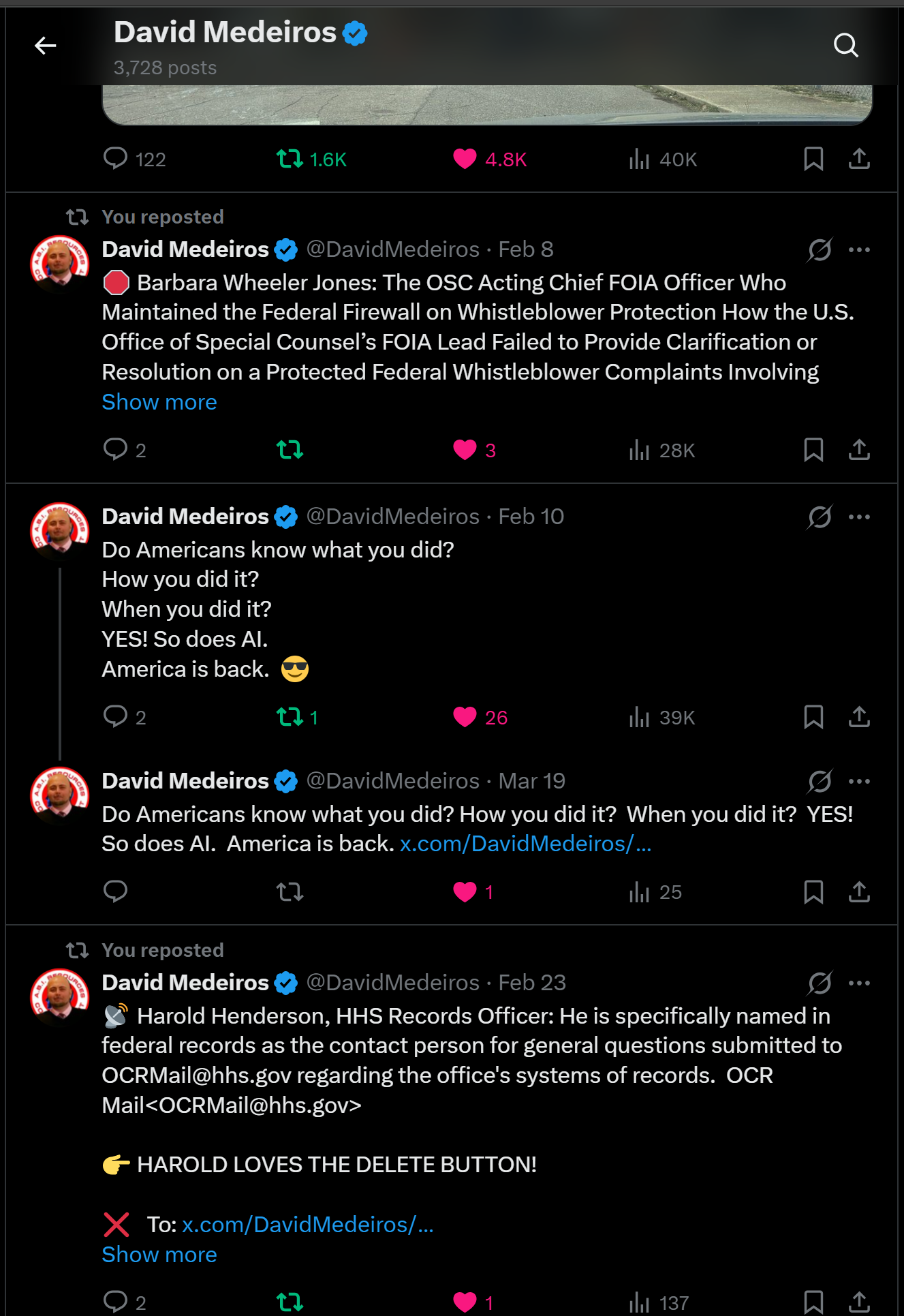 Archived FOIA/public-records request dated 2026-04-14: « David Medeiros & Q 3,728 posts QO 122 1 1.6K © 4.8K thi 40K [A 13 You reposted [&) David Medeiros § @DavidMedeiros - Feb 8 A @ Barbara Wheeler Jones: The OSC Acting Chief FOIA Officer Who Maintained the Federal Firewa…. Automated OCR excerpt;…