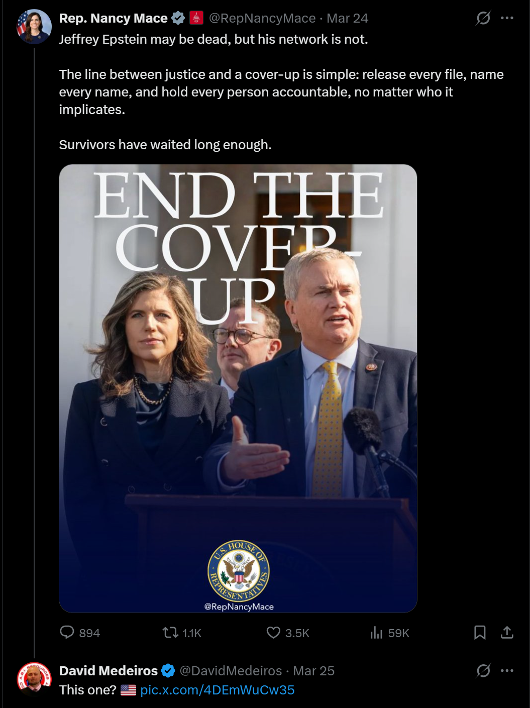 Archived evidence image dated 2026-04-14: RO) ) Rep. Nancy Mace 2 4 @RepNancyMace - Mar 24 A ©" Jeffrey Epstein may be dead, but his network is not. . Automated OCR excerpt; verify against the source image.