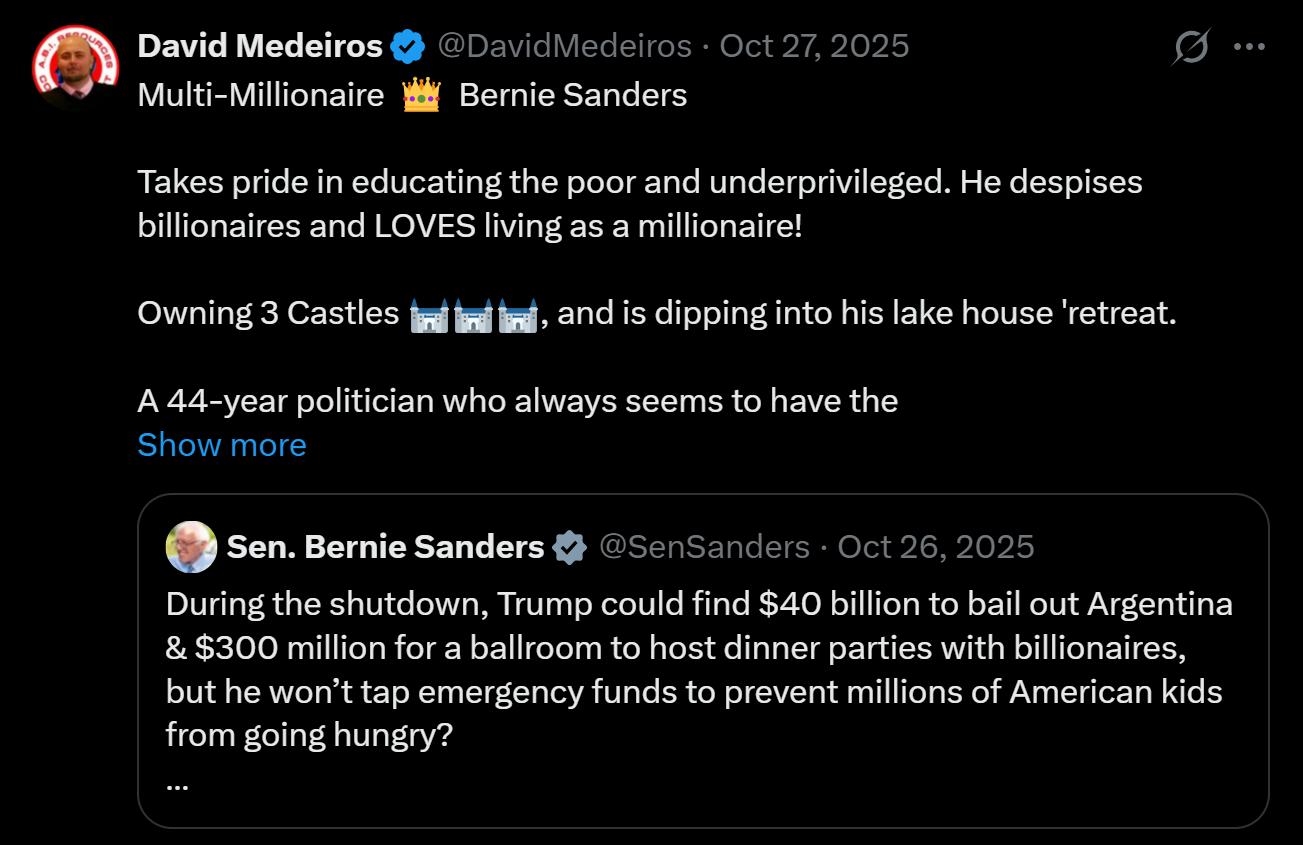 Archived evidence image dated 2026-04-14: '&) David Medeiros § @DavidMedeiros - Oct 27, 2025 A Multi-Millionaire # Bernie Sanders Takes pride in educating the poor and underprivileged. . Automated OCR excerpt; verify against the source image.