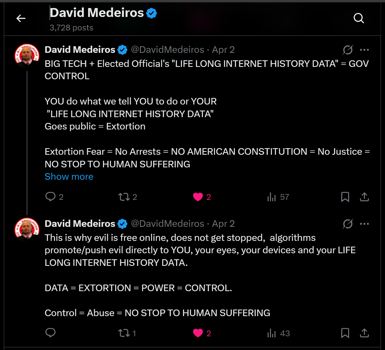 Archived evidence image dated 2026-04-14: « David Medeiros & Q 3,728 posts '&) David Medeiros € @DavidMedeiros - Apr 2 A BIG TECH + Elected Official's "LIFE LONG INTERNET HISTORY DATA" = GOV CONTROL YOU do what we tell YOU to do or YOUR "LIFE LONG INTERNET HIST…. Automated OCR excerpt; verify again…
