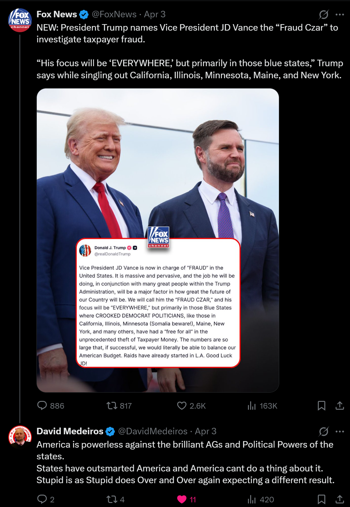 Archived whistleblower report dated 2026-04-14: feox. Fox News & ess NEW: President Trump names Vice President JD Vance the “Fraud Czar” to investigate taxpayer fraud. . Automated OCR excerpt; verify against the source image.