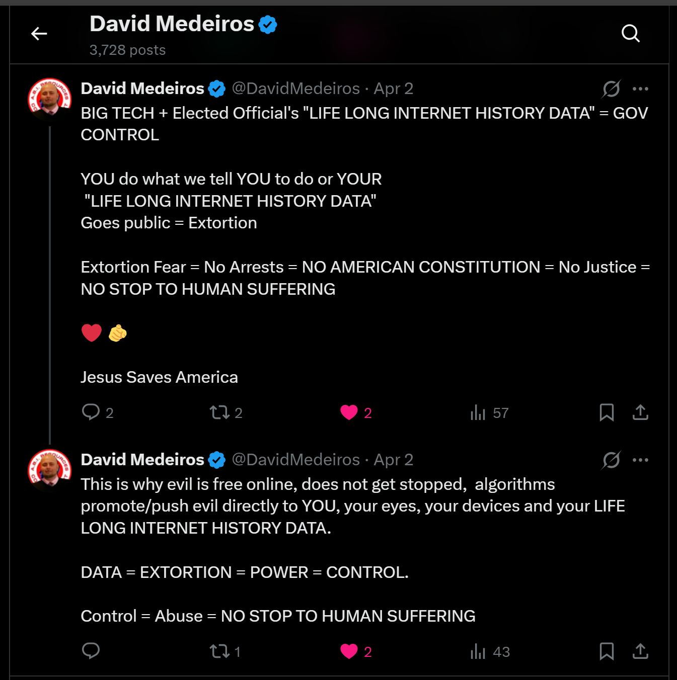 Archived evidence image dated 2026-04-14: « David Medeiros & Q 3,728 posts '&) David Medeiros € @DavidMedeiros - Apr 2 A BIG TECH + Elected Official's "LIFE LONG INTERNET HISTORY DATA" = GOV CONTROL YOU do what we tell YOU to do or YOUR "LIFE LONG INTERNET HIST…. Automated OCR excerpt; verify again…