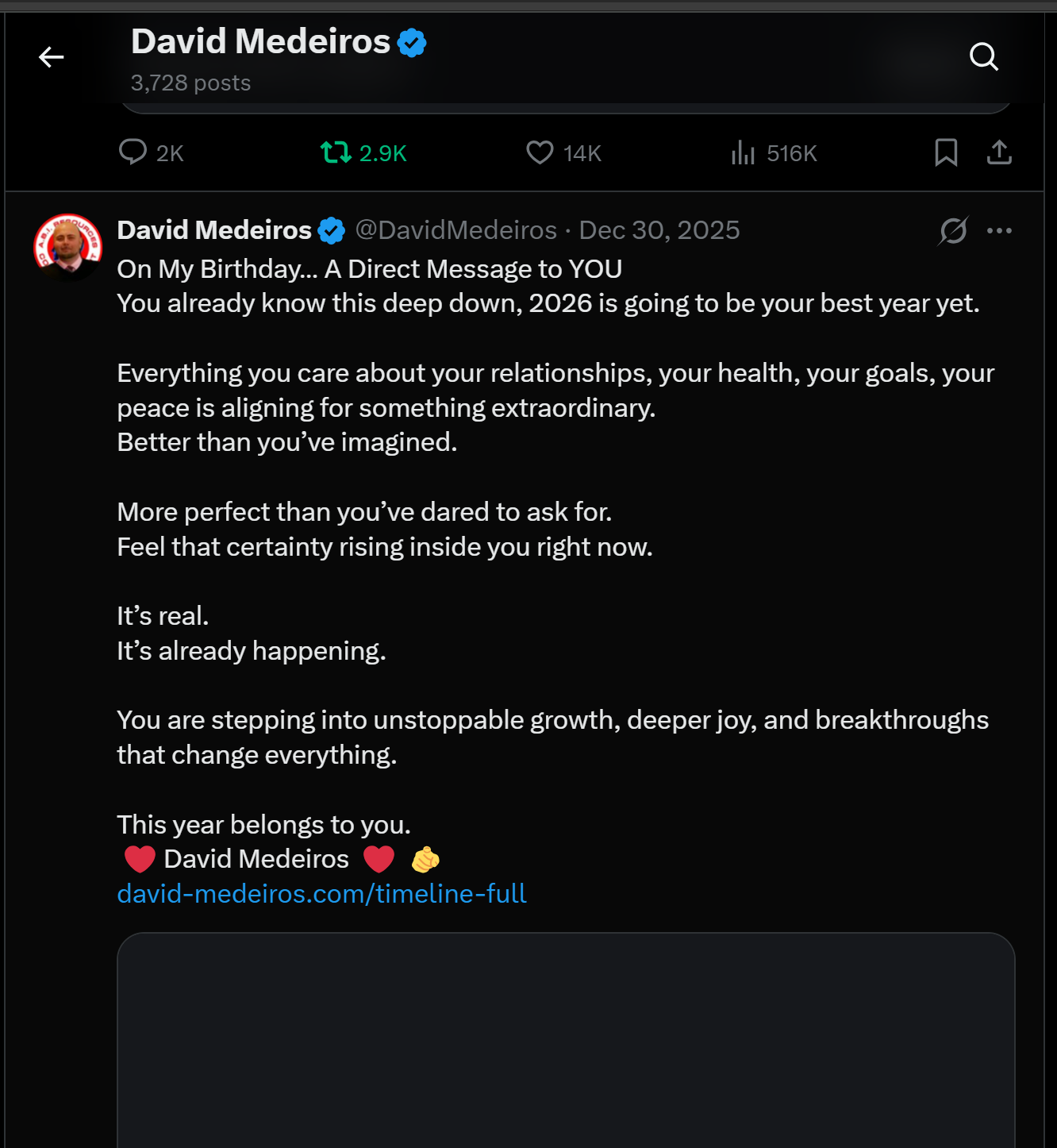 Archived evidence image dated 2026-04-14: « David Medeiros & Q 3,728 posts OQ 2k 1 2.9K Q 14K hi 516K QQ & I'S) David Medeiros € @DavidMedeiros - Dec 30, 2025 (A oe On My Birthday... . Automated OCR excerpt; verify against the source image.