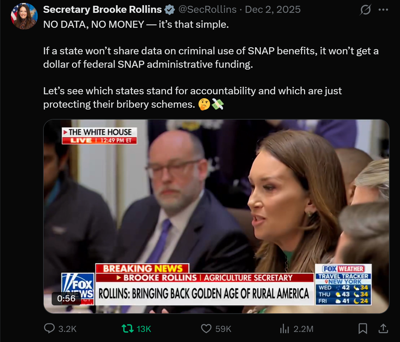 Archived evidence image dated 2026-04-14: (8h Secretary Brooke Rollins £2 @SecRollins - Dec 2, 2025 A oo ©" NO DATA, NO MONEY — it’s that simple. . Automated OCR excerpt; verify against the source image.